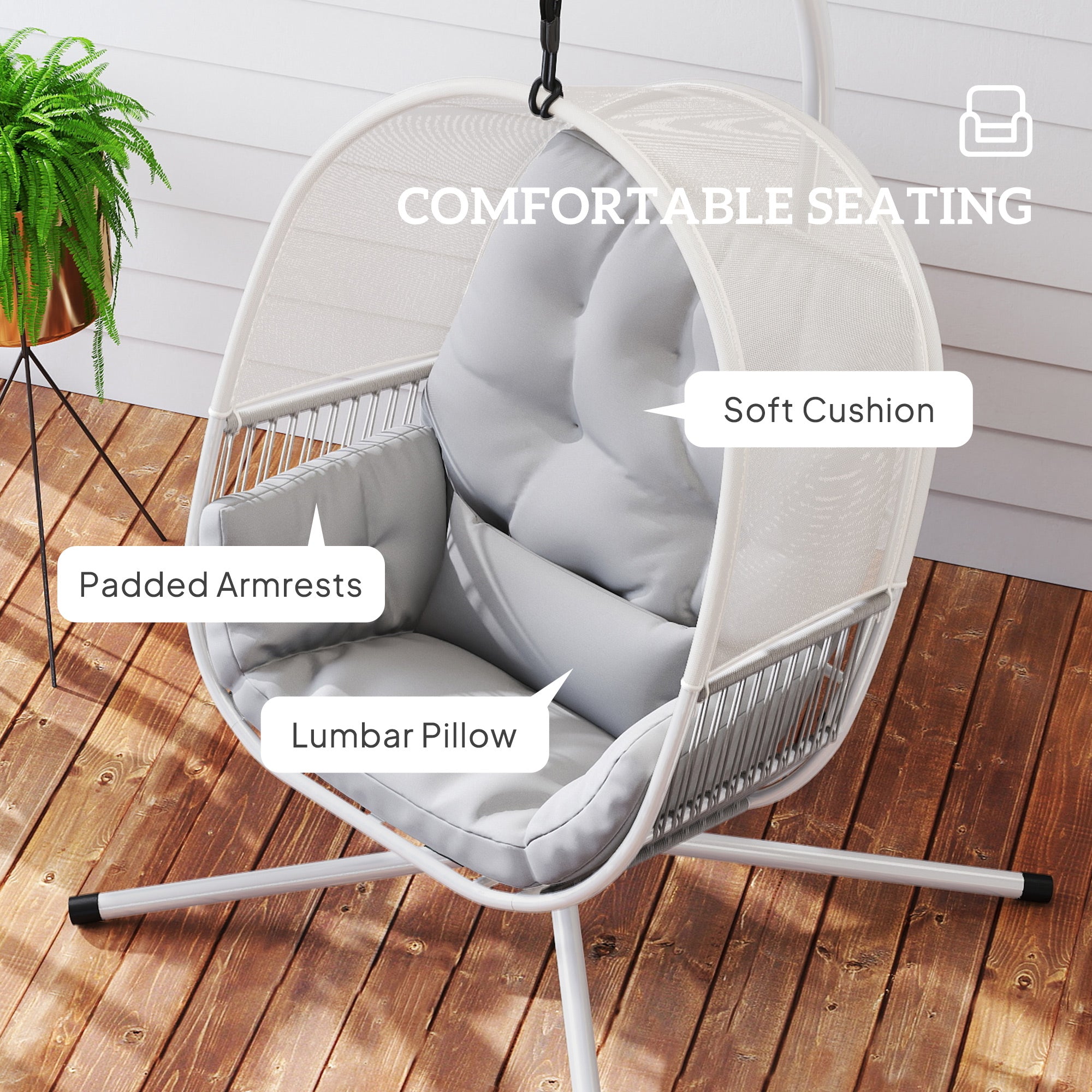 Outsunny Hanging Egg Chair Outdoor Indoor, Swing Hammock Chair with Stand, Cushions, Lumbar Pillow, Adjustable Height and Steel Frame for Garden Patio Lounge Porch, Light Grey - North Peak Garden Furniture