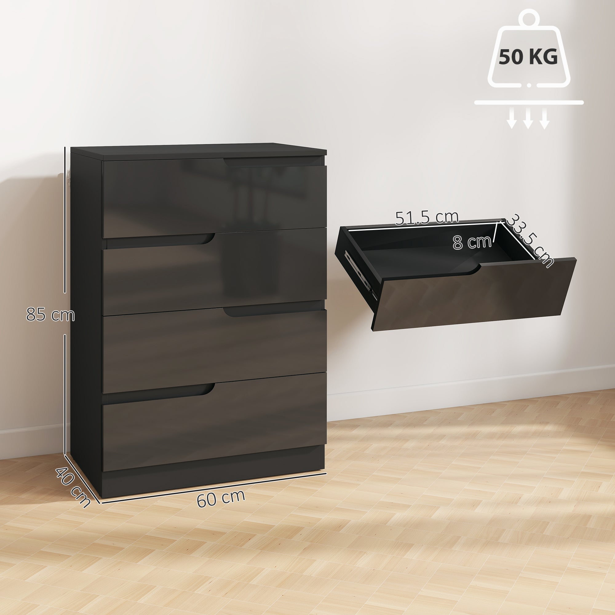 HOMCOM Chest of Four High Gloss Front Drawers - Black