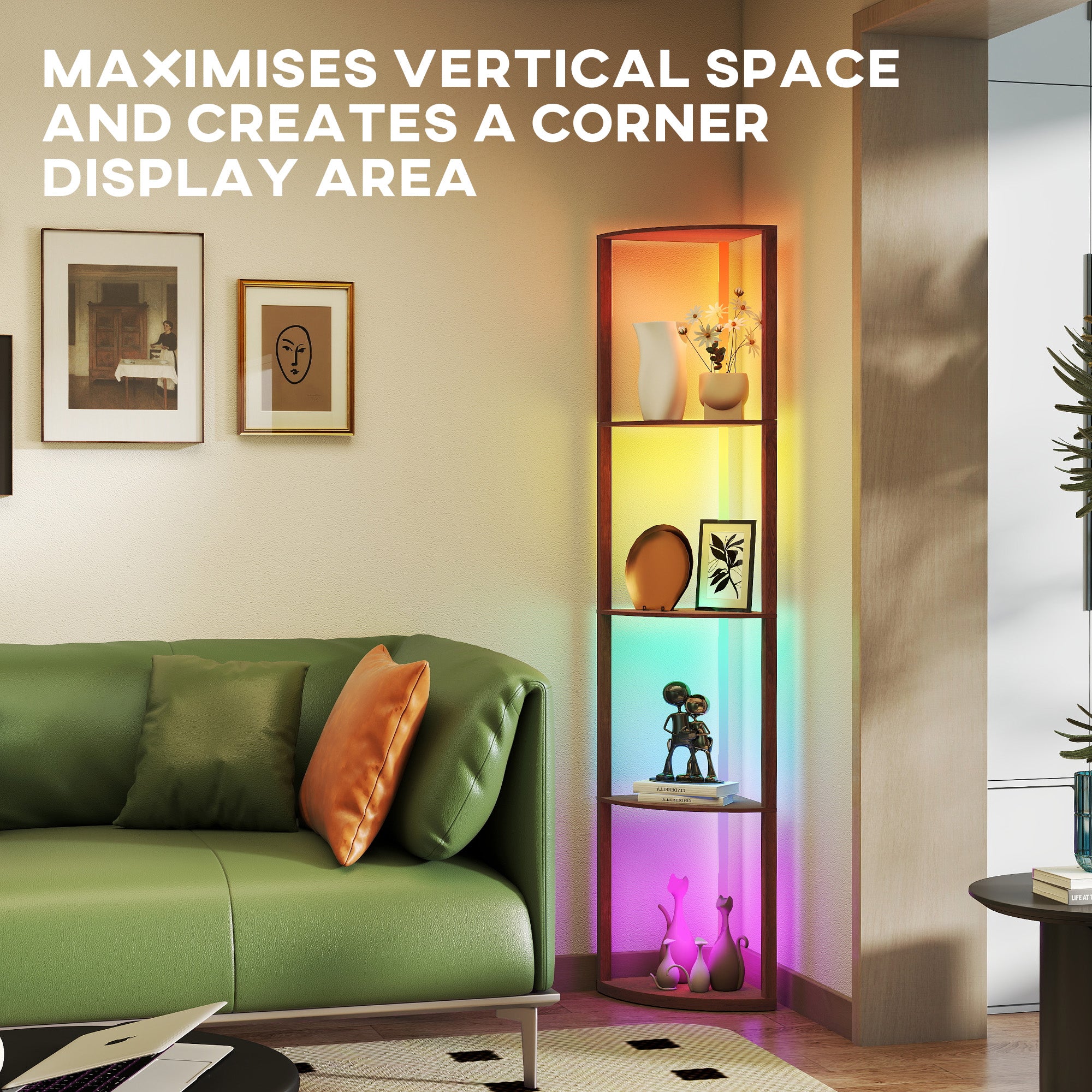 HOMCOM RGB LED Floor Lamp with Shelves, 5-Tier Dimmable Standing Lamp with Adjustable Brightness and Remote Control, Modern Corner Display Shelf Unit for Living Room Bedroom Office, Brown