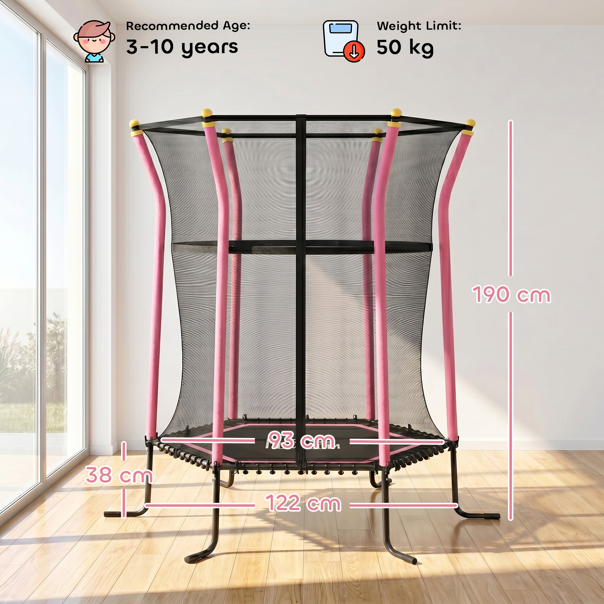 HOMCOM Kids Trampoline Mini Bouncer with Enclosure Safety Net For Ages 3-10 Years - Pink