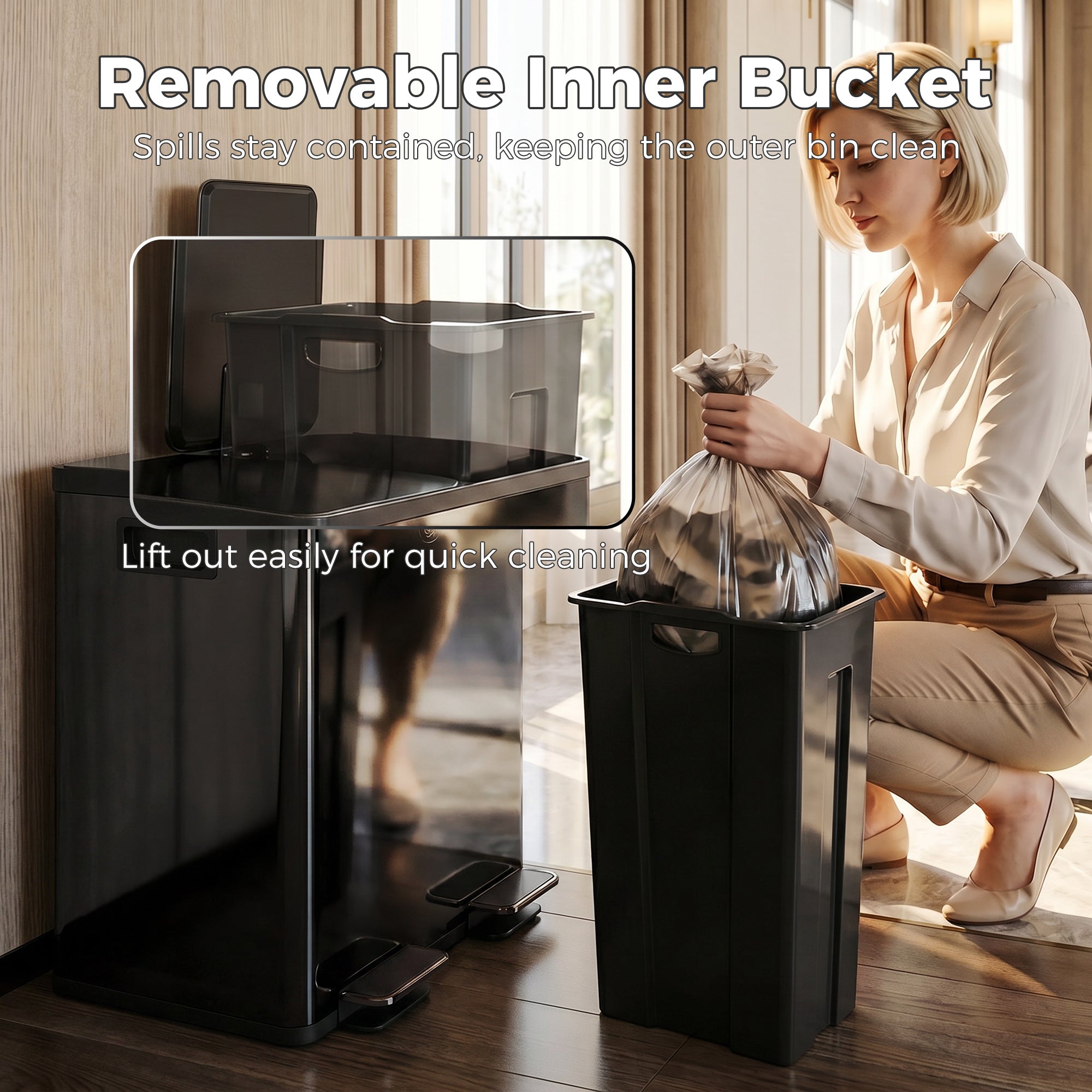 HOMCOM 40L Dual Compartment Stainless Steel Bin, with Deodoriser Holders - Black