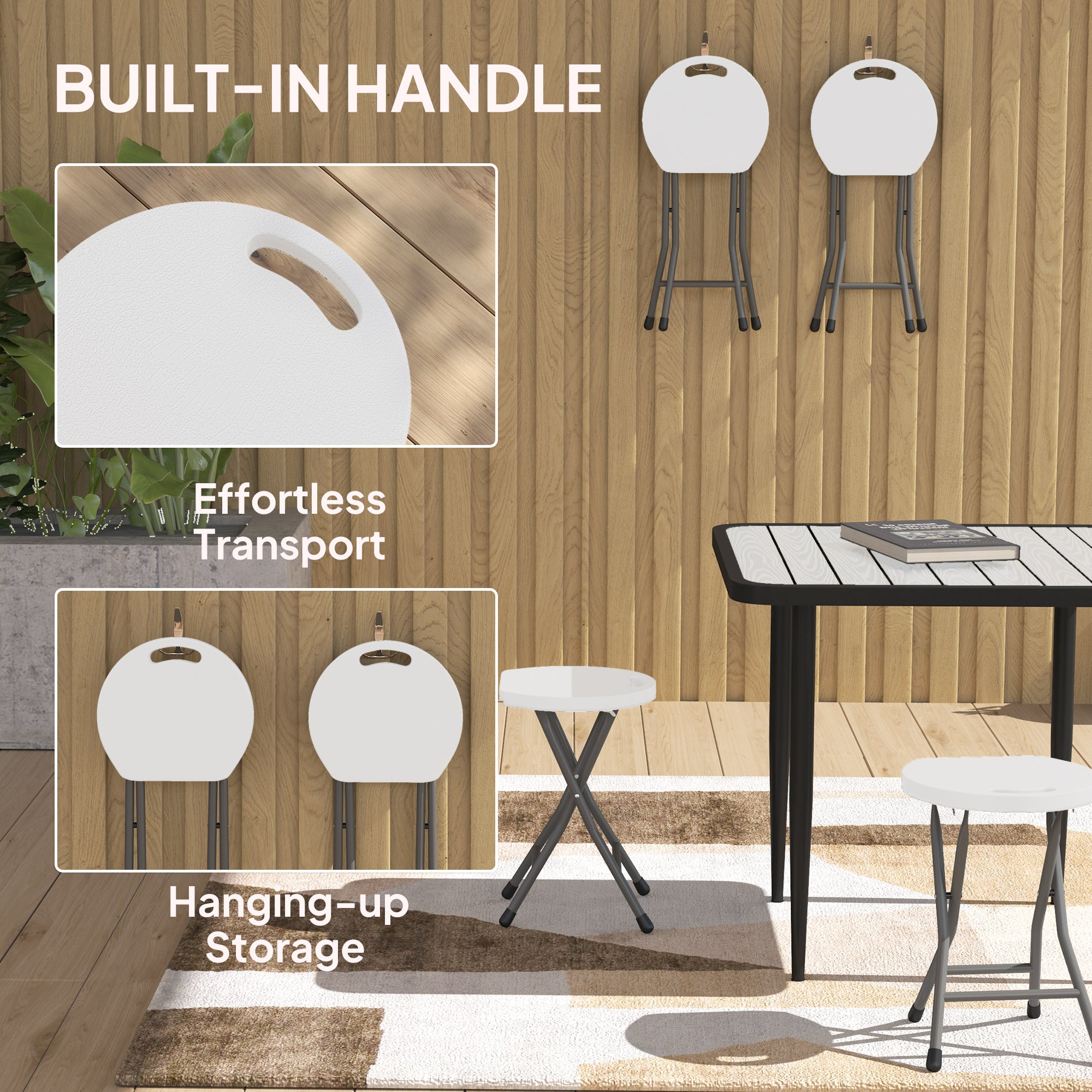 Outsunny Folding Stool Set of 4, Decorative Garden Stool Set with Safety Latch, Foldable Garden Stools with Powder-Coated Steel Legs HDPE Seat and Handle for Indoor and Outdoor, White - North Peak Garden Furniture