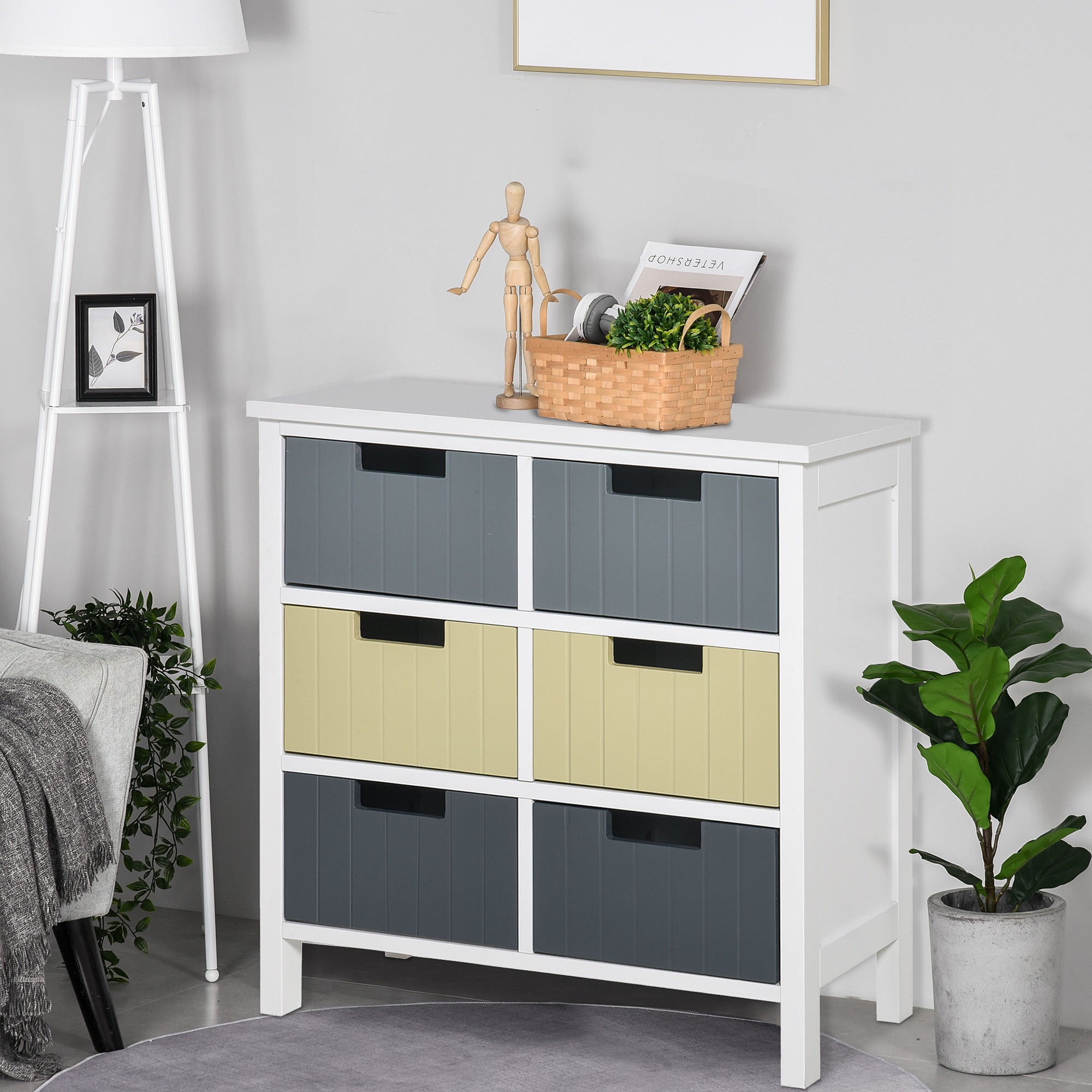 HOMCOM 6 Drawer Storage Tower, Dresser Chest with Wood Top, Organizer Unit for Closets Bedroom Nursery Room Hallway - North Peak Garden Furniture
