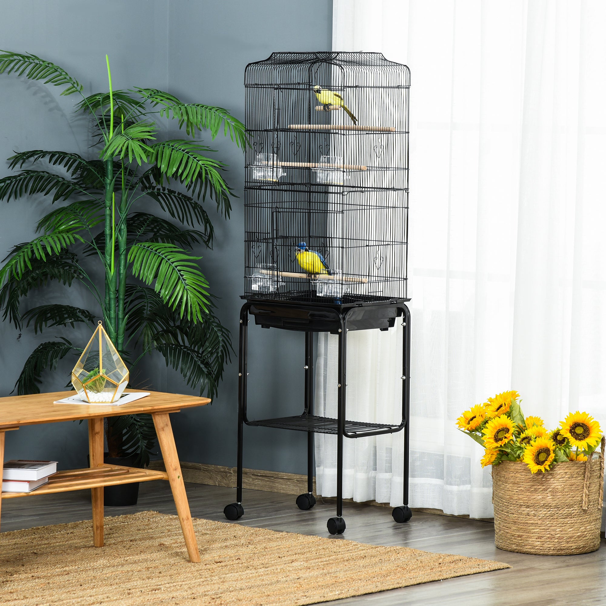 PawHut Bird Cage Budgie Cages for Finch Canary Parakeet with Stand Wheels Slide-out Tray Accessories Storage Shelf, Black 46.5 x 36 x 157 cm - North Peak Garden Furniture