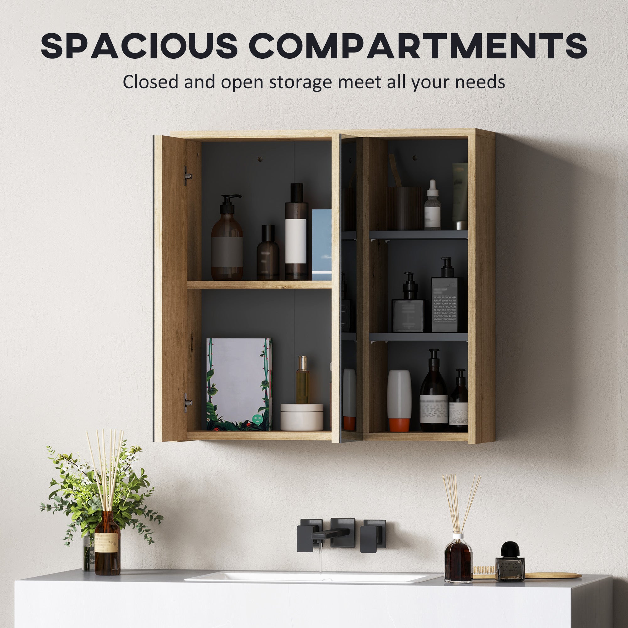 HOMCOM Five-Shelf Mirrored Bathroom Cabinet - Wood-Effect - North Peak Garden Furniture