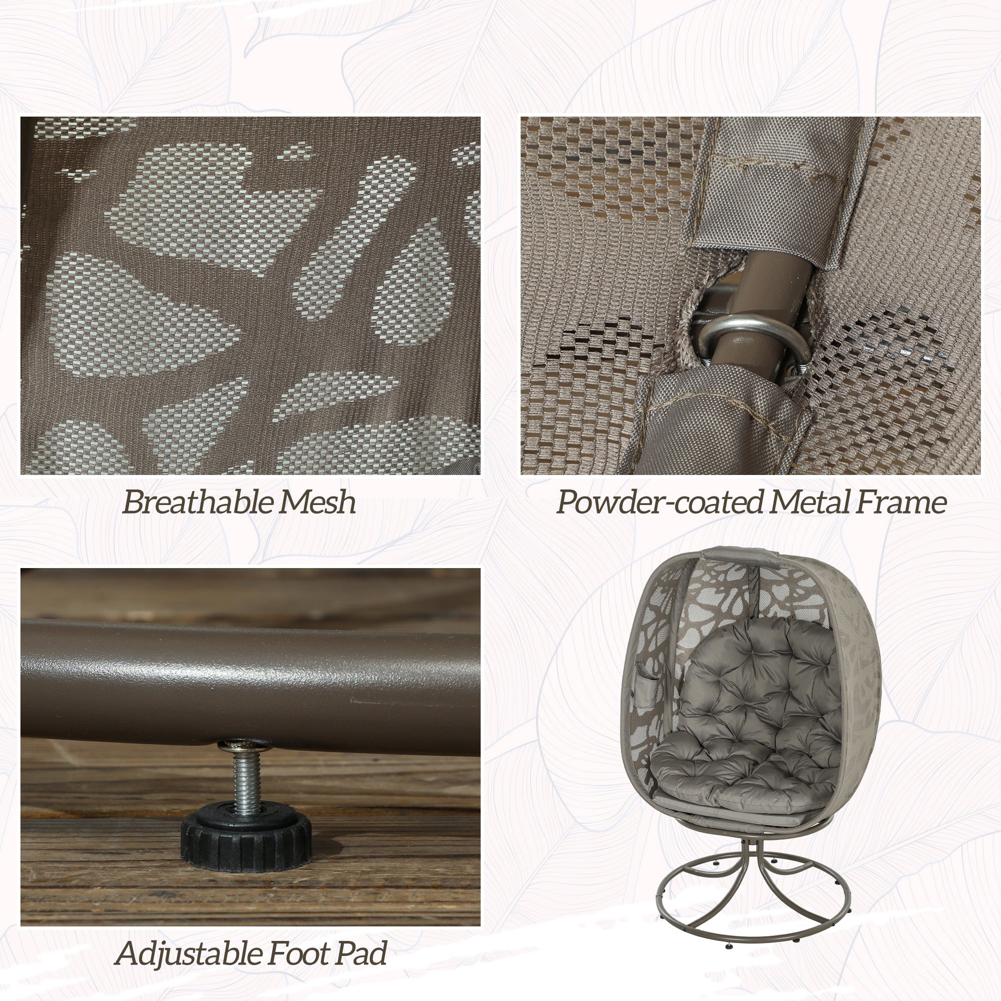 Outsunny Swivel Egg Chair with Cushions, Foldable Basket Seat and Metal Frame, Indoor Outdoor Lounge Chair for Balcony, Poolside, Patio and Living Room, Sand Brown - North Peak Garden Furniture