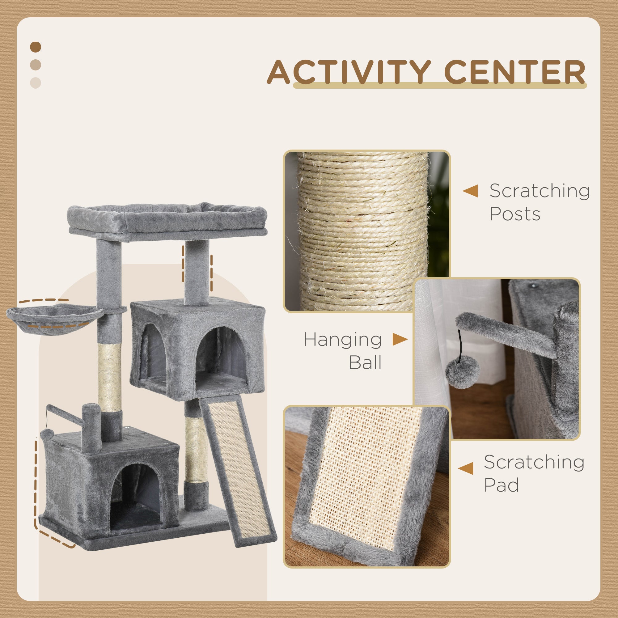PawHut Cat Tree Tower for Indoor Cats, 111cm Kitten Activity Centre with Scratching Post Pad Hammock Condo Bed Ball Toy, Grey - North Peak Garden Furniture