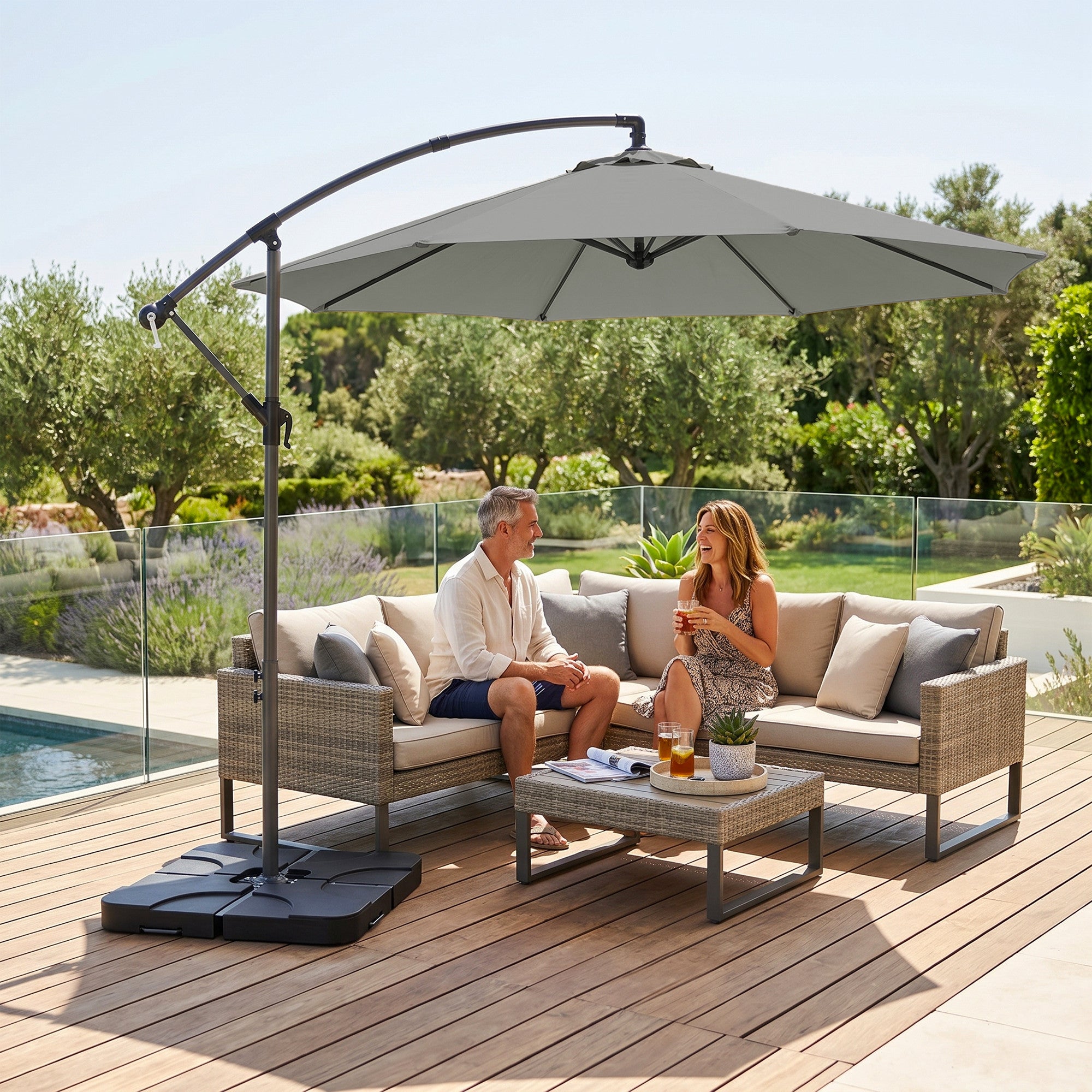 Outsunny 3m Overhanging Parasol, with Base, Weights and Cover - Light Grey