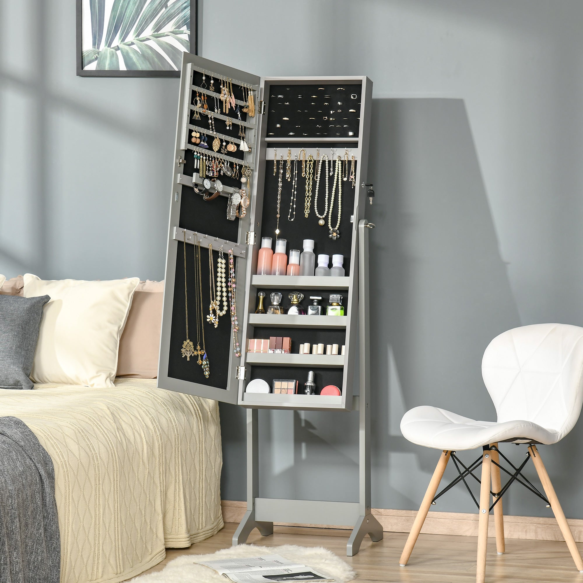 HOMCOM Full Length Mirror with Storage, Jewellery Cabinet with Mirror, Adjustable Angle and Stand, Lockable Jewellery Organiser for Bedroom Dressing Room, Grey - North Peak Garden Furniture