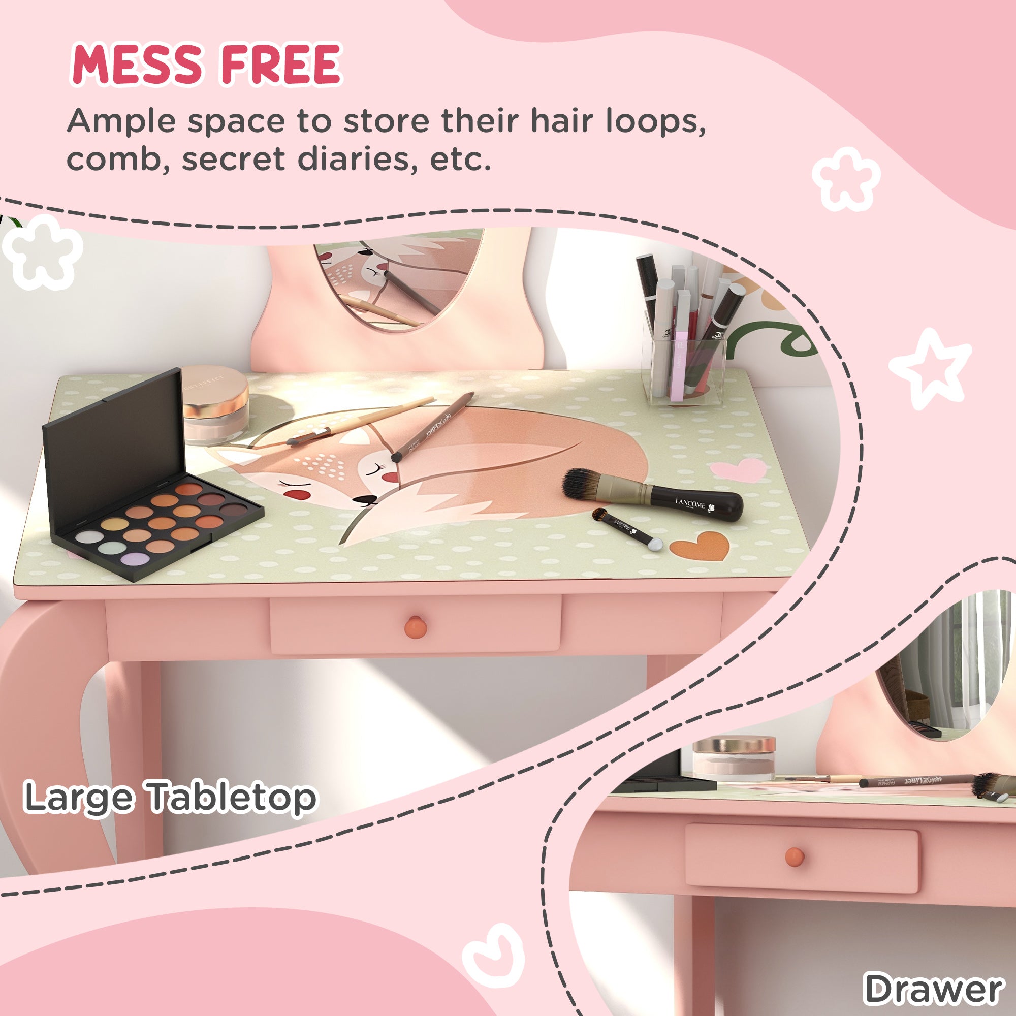 ZONEKIZ Kids Dressing Table with Mirror, Stool, Drawer, Cute Animal Design - Pink - North Peak Garden Furniture