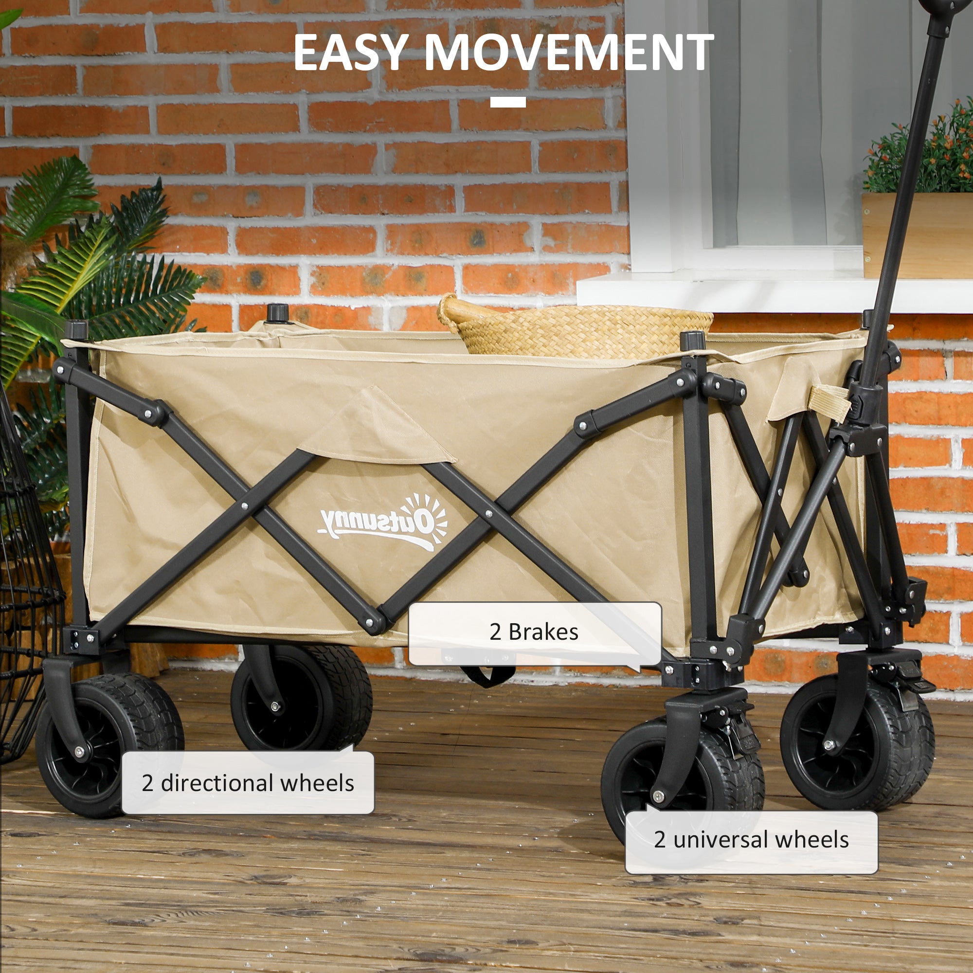 Outsunny Folding Garden Trolley, Outdoor Wagon Cart with Carry Bag, for Beach, Camping, Festival, 120KG Capacity, Khaki - North Peak Garden Furniture