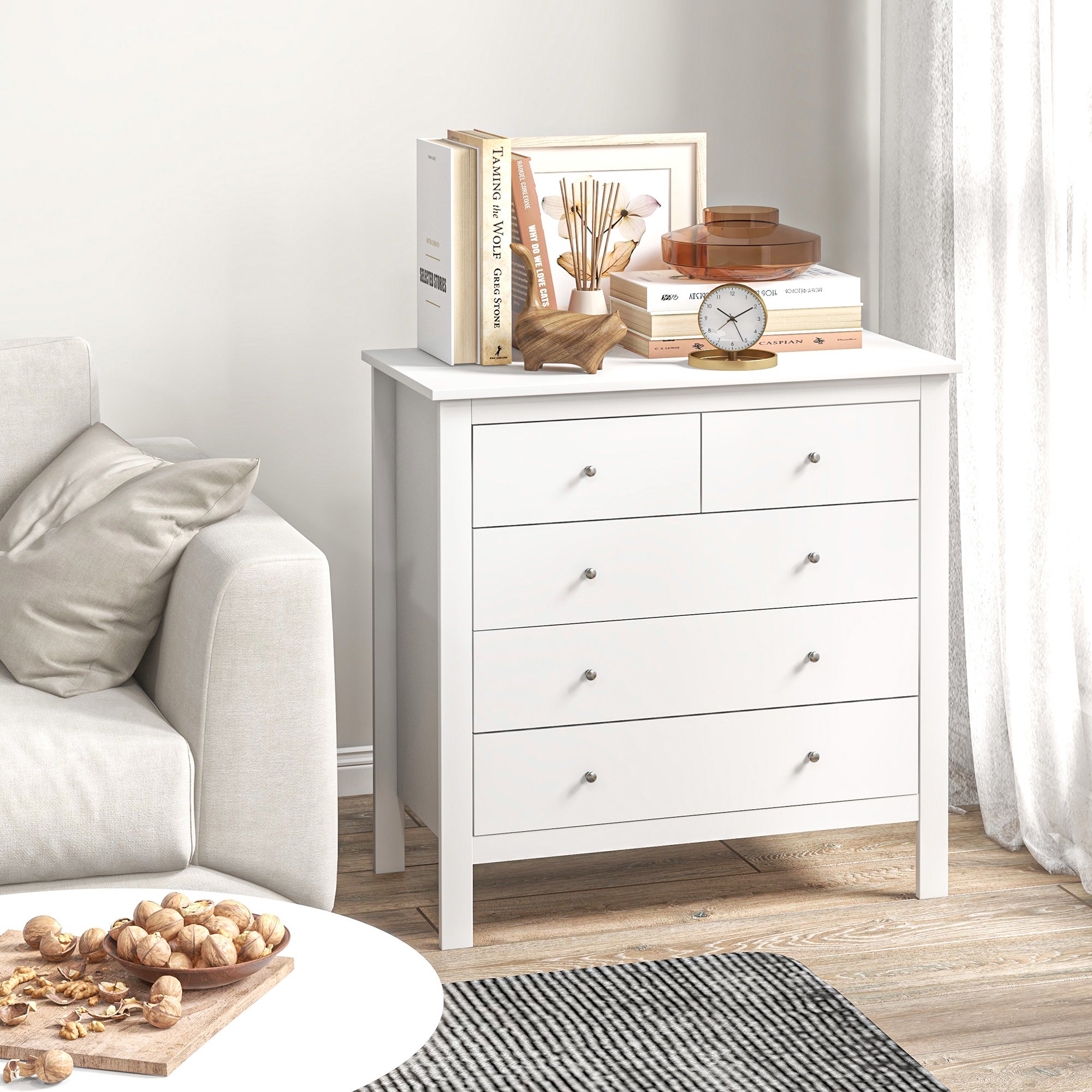 HOMCOM Modern Chest of Drawers, 5 Drawer Storage Cabinet with Metal Handles and Runners for Bedroom, White - North Peak Garden Furniture