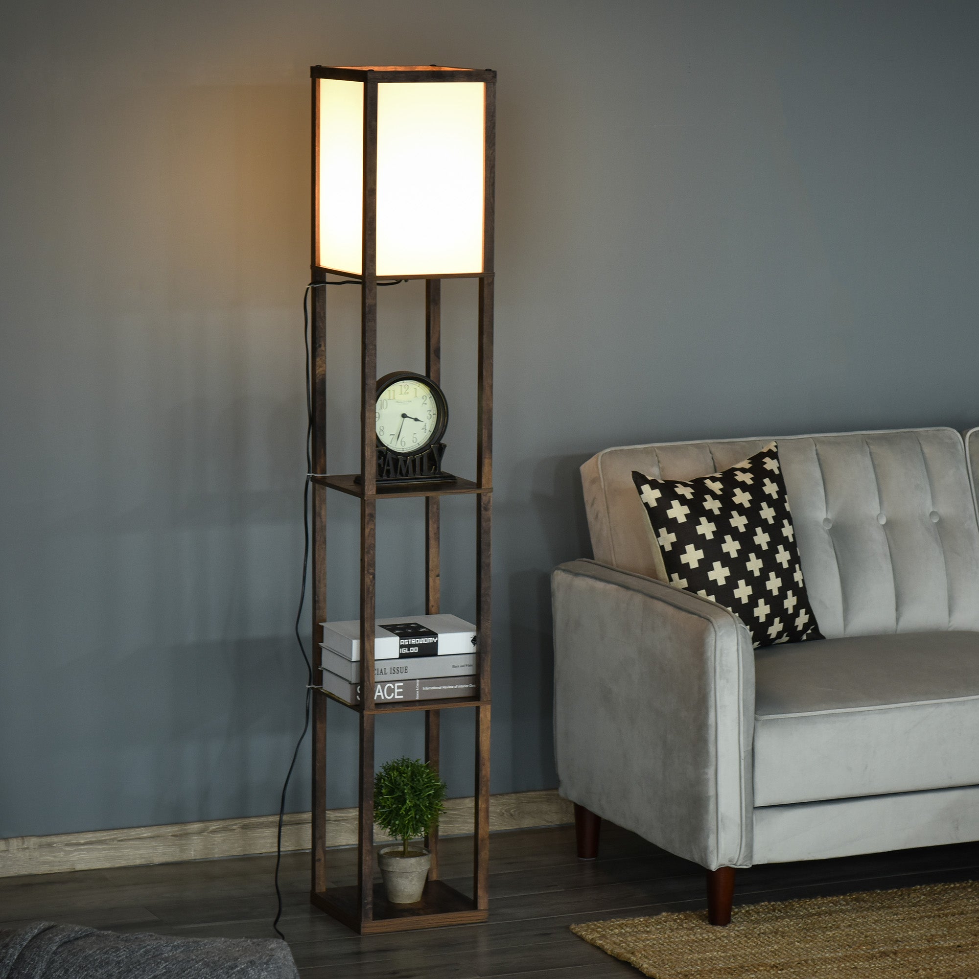 HOMCOM 3-Tier Floor Lamp, Floor Light with Storage Shelf, Reading Standing Lamp for Living Room, Bedroom, Kitchen, Dining Room, Office, Dorm, 160cm, Brown - North Peak Garden Furniture