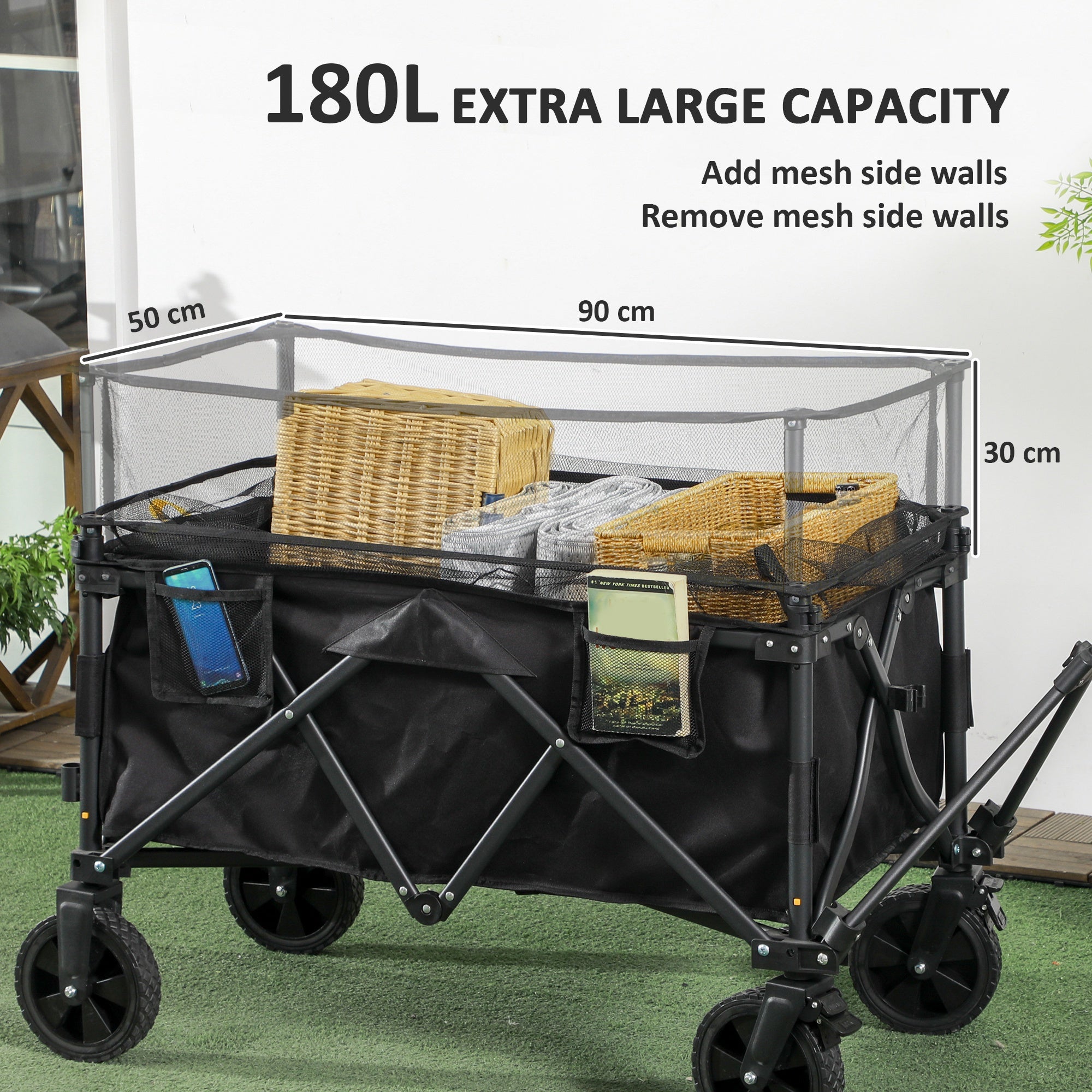 Outsunny Folding Garden Trolley, 180L Wagon Cart with Extendable Side Walls, for Beach, Camping, Festival, Black