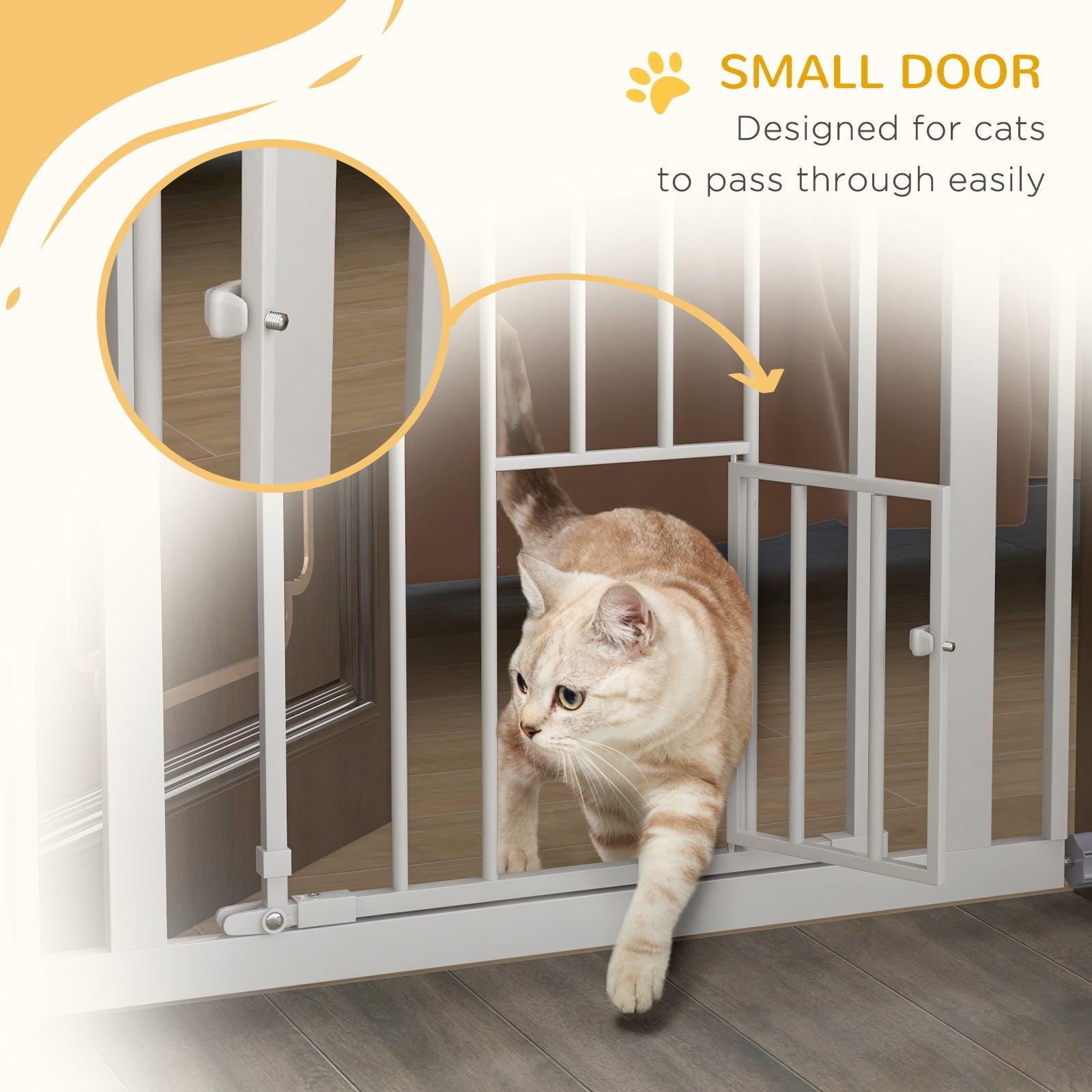 PawHut Extra Tall Pet Gate, Indoor Dog Safety Gate, with Cat Flap, Auto Close, 74-80cm Wide - White - North Peak Garden Furniture
