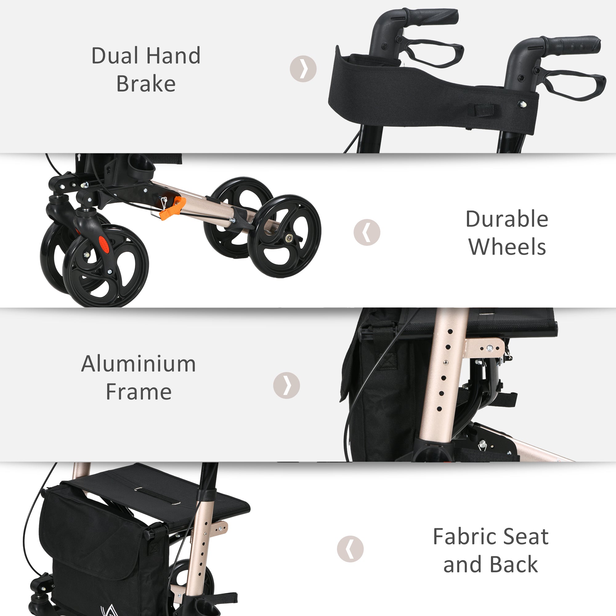 HOMCOM 4 Wheel Rollator with Seat and Back, Folding Mobility Walker with Carry Bag, Adjustable Height, Dual Brakes, Cane Holder, Lightweight Aluminium Walking Frame for Seniors and Disabled, Gold Tone - North Peak Garden Furniture