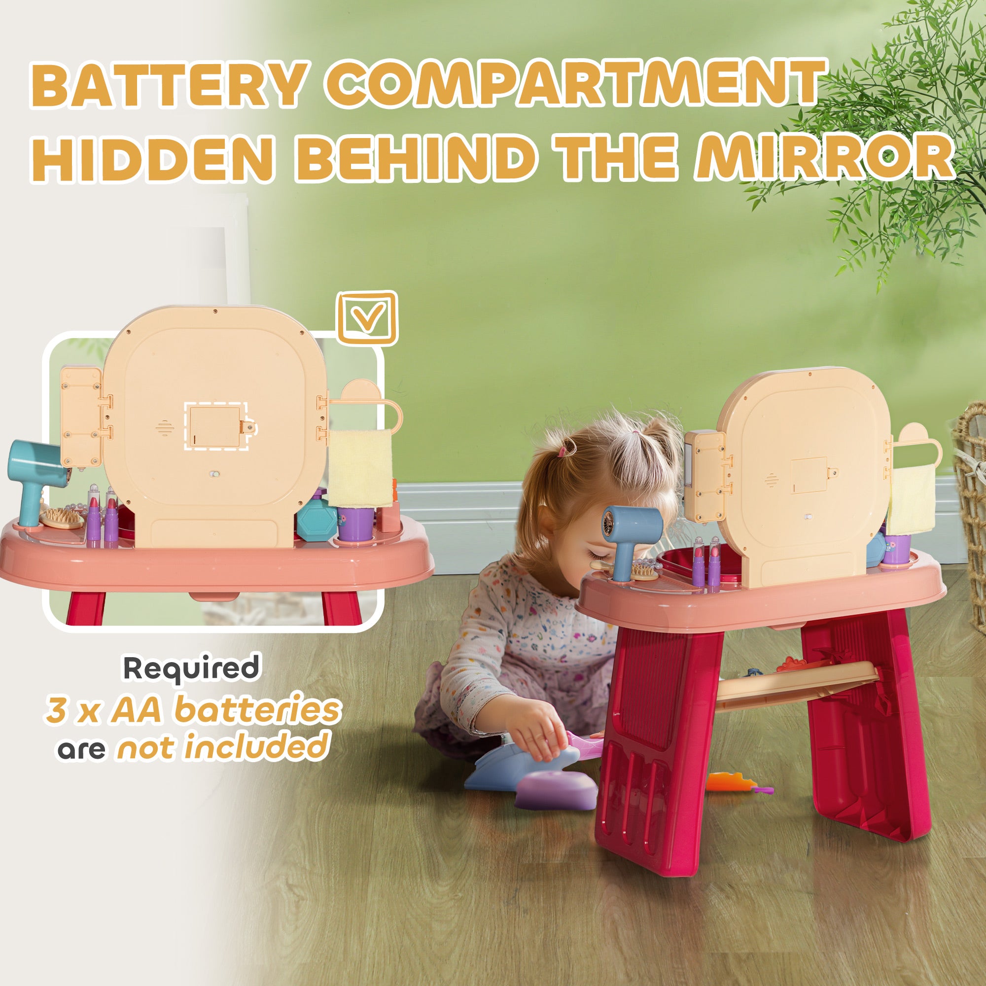 AIYAPLAY Kids Dressing Table with Mirror, LED Light, 23 Accessories, Pink - North Peak Garden Furniture