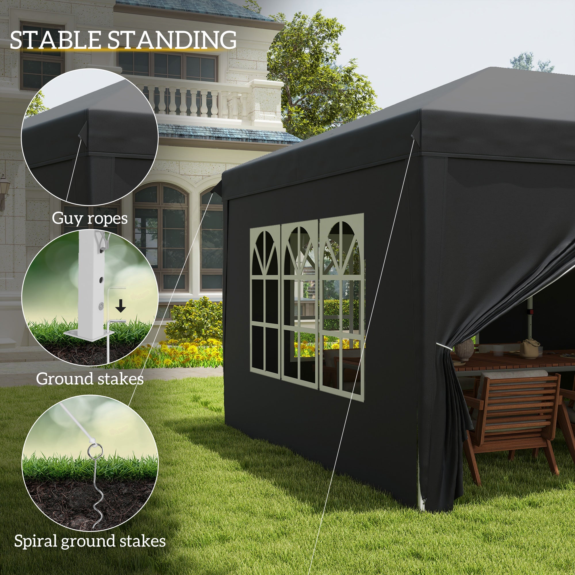 Outsunny 3 x 6 m Pop Up Gazebo with Sides and Windows, Height Adjustable Party Tent with Storage Bag for Garden, Camping, Event, Black