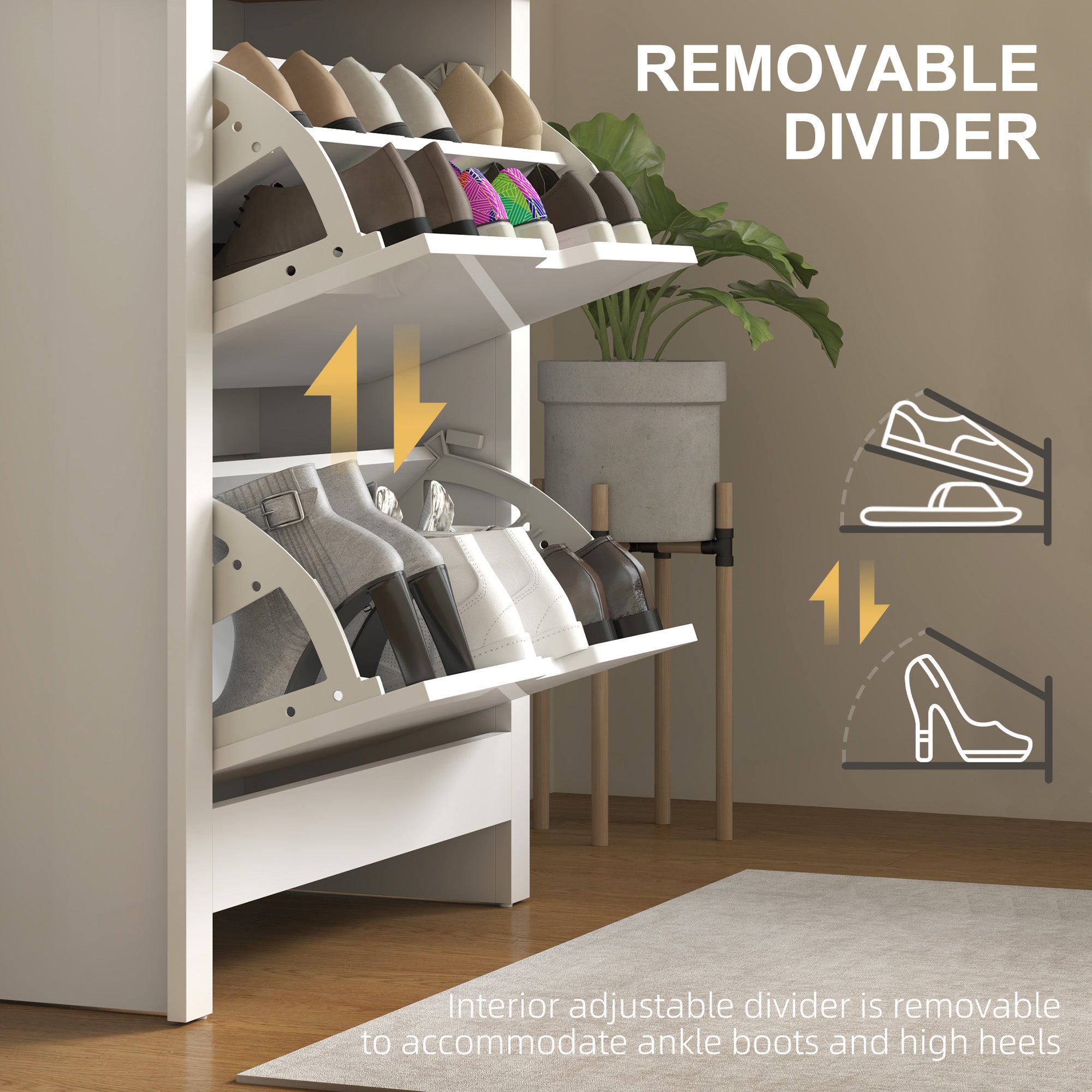 HOMCOM Slim Shoe Cabinet, Narrow Shoe Cupboard with 2 Flip Drawers, Adjustable Shelves for 12 Pairs of Shoes, High Gloss White - North Peak Garden Furniture