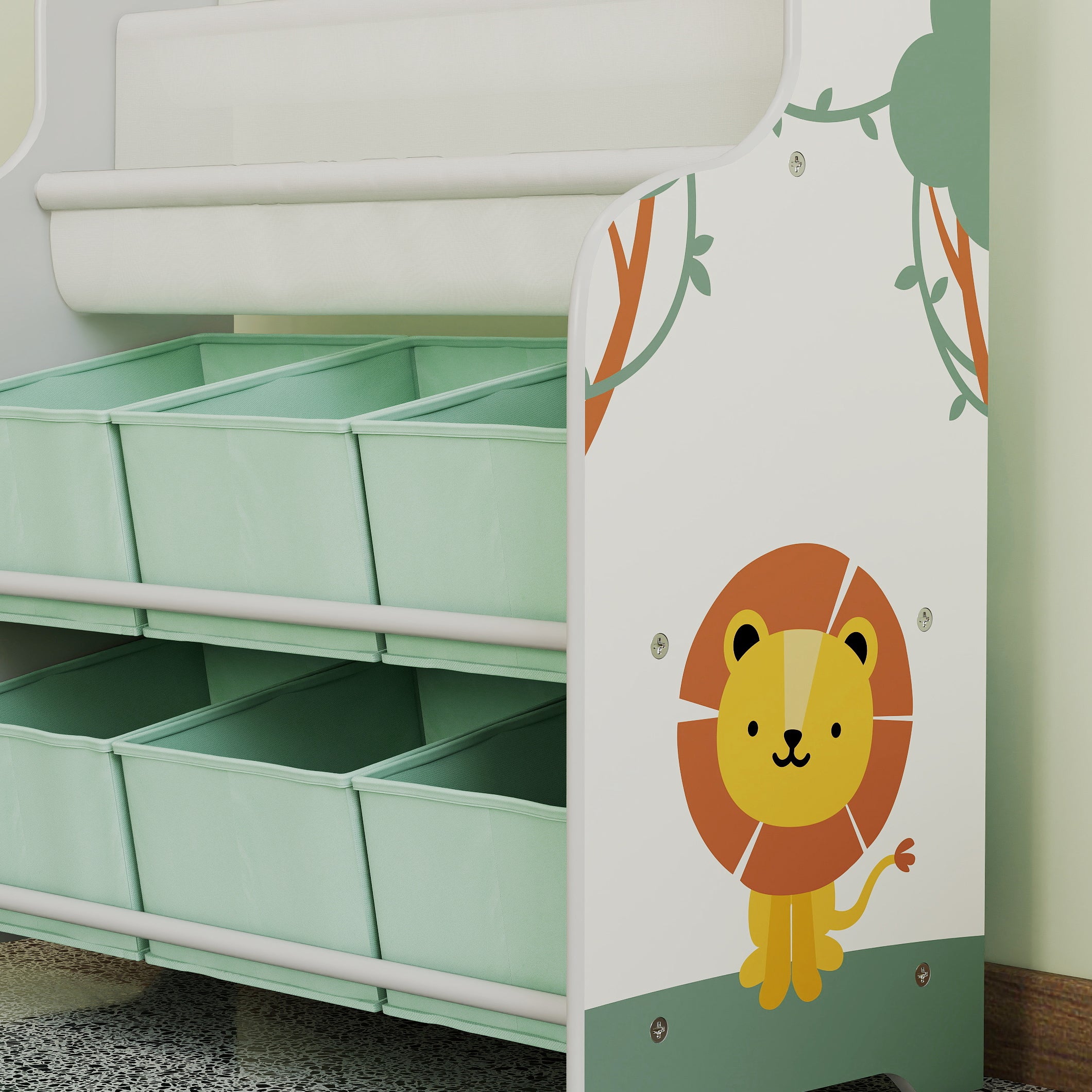 AIYAPLAY Kids Storage Unit, Toy Organiser with 6 Fabric Drawers and 2-Tier Sling Book Rack for Bedroom, Playroom, Nursery, Green