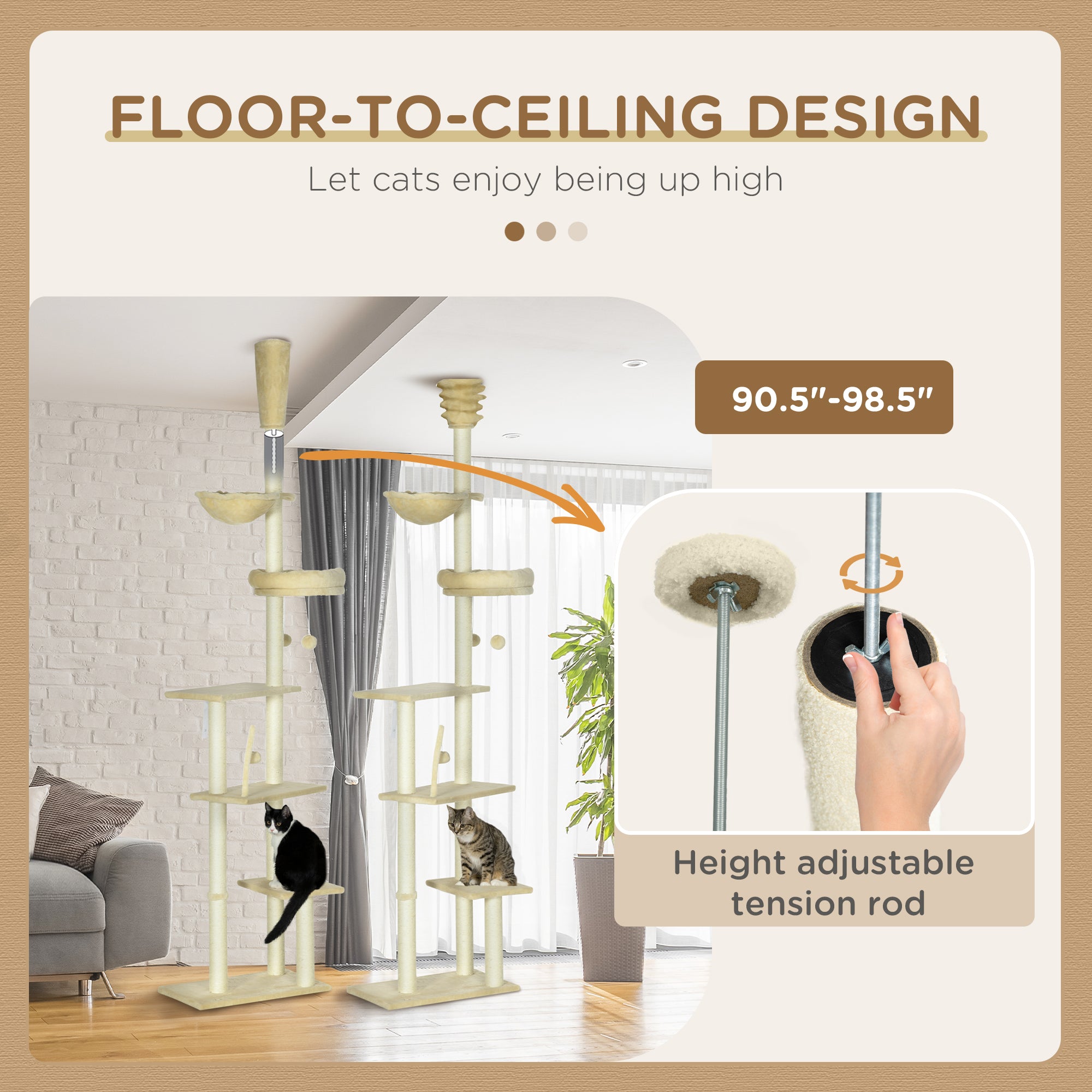 PawHut Floor to Ceiling Cat Tree for Indoor Cats, 6-Tier Play Tower Climbing Activity Center with Scratching Post, Platforms, Bed, Hammock, Adjustable Height 230-250cm, Beige