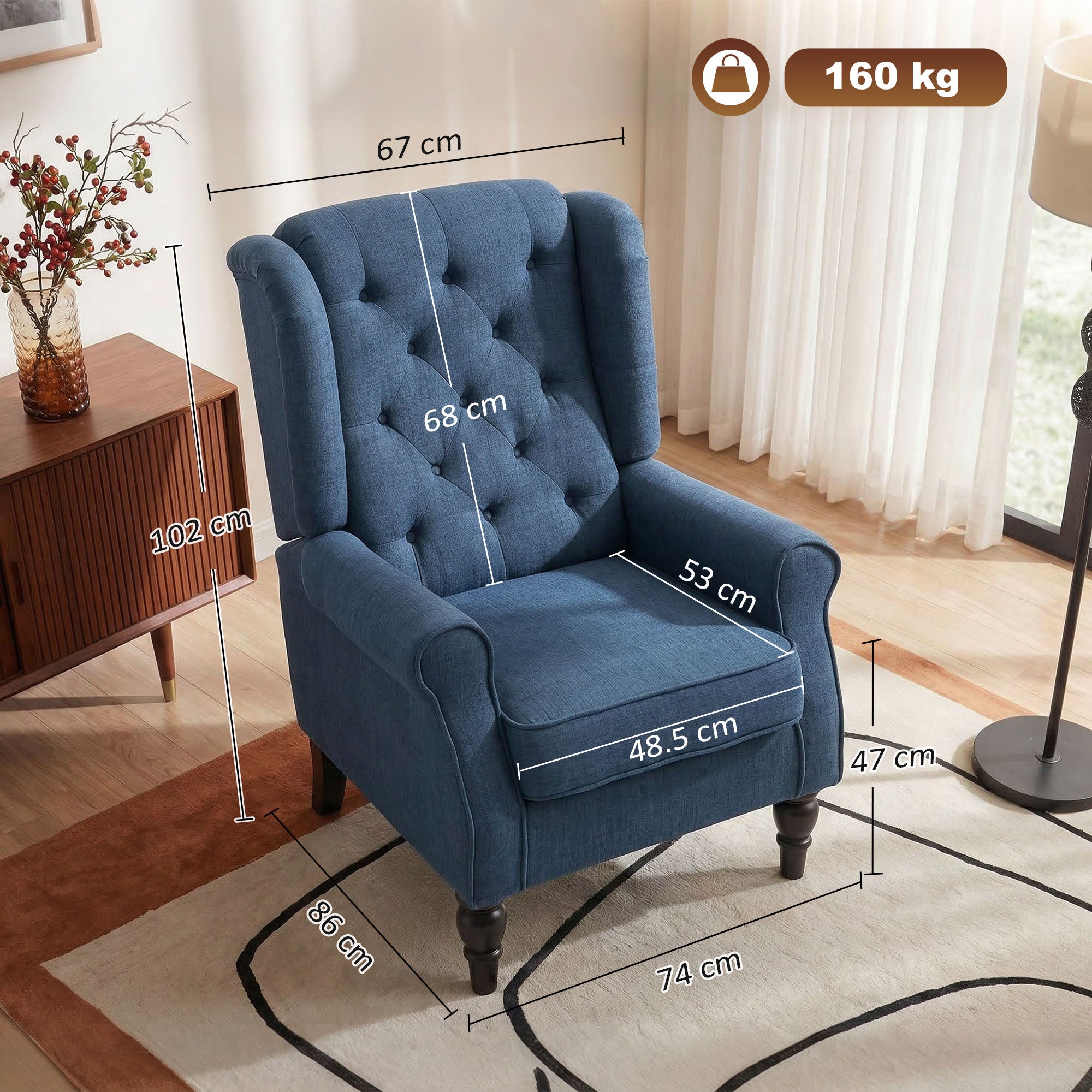HOMCOM Wingback Accent Chair, Retro Upholstered Button Tufted Occasional Chair for Living Room and Bedroom, Blue
