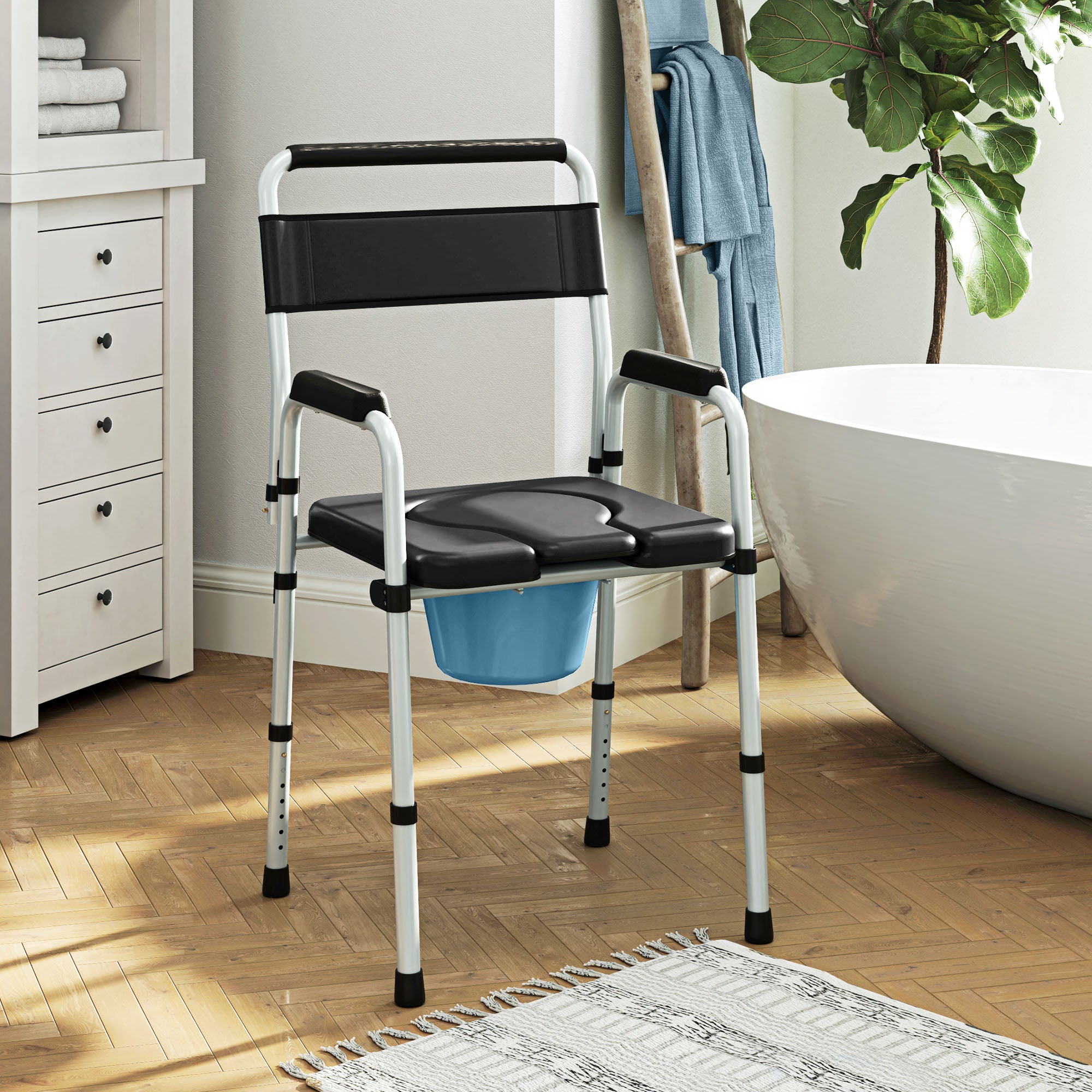 HOMCOM Lightweight Non-Slip Commode, Height Adjustable Commode Toilet Chair with Arms and Back, Black