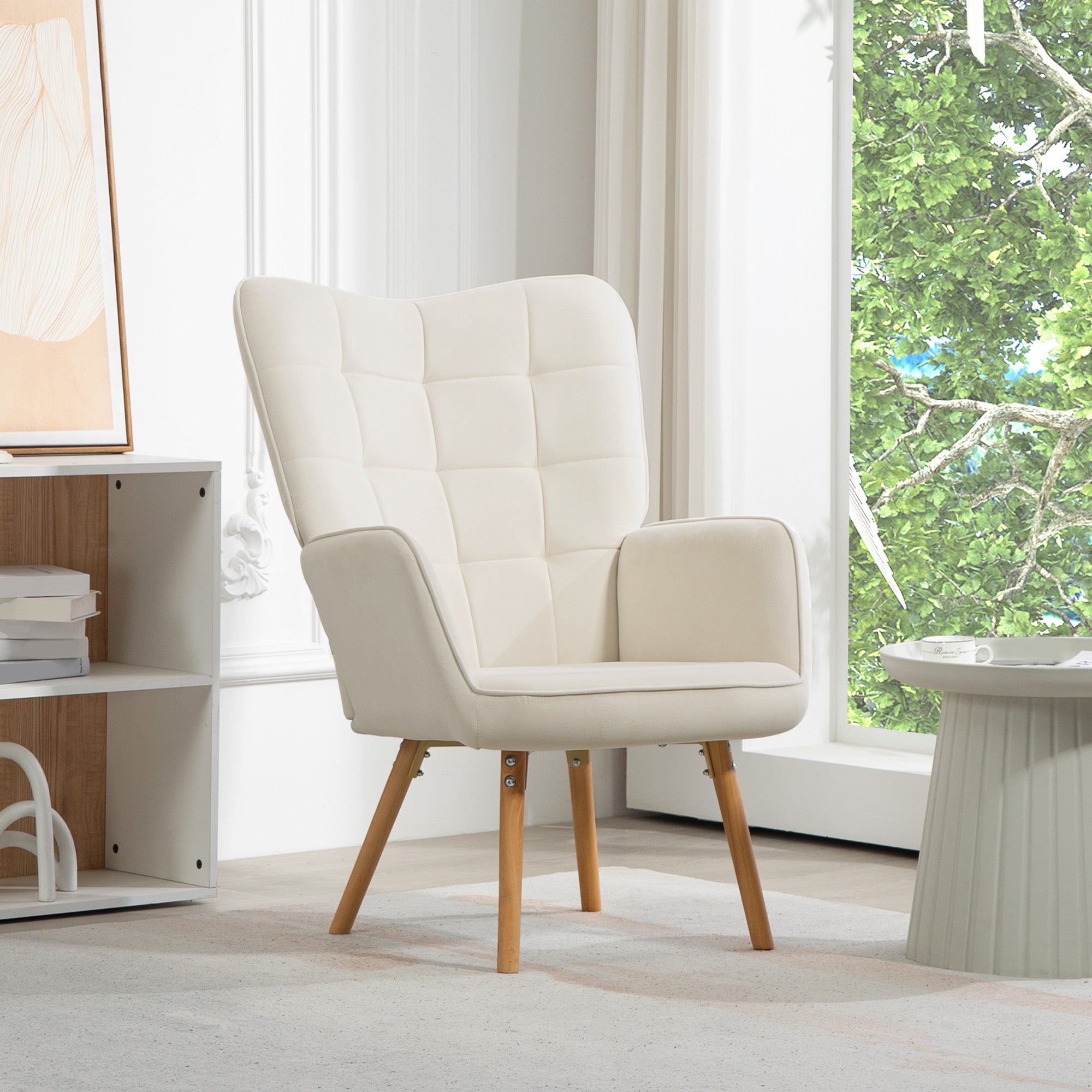 HOMCOM Modern Accent Chair Velvet-Touch Tufted Wingback Armchair Upholstered Leisure Lounge Sofa Club Chair with Wood Legs, Cream White - North Peak Garden Furniture