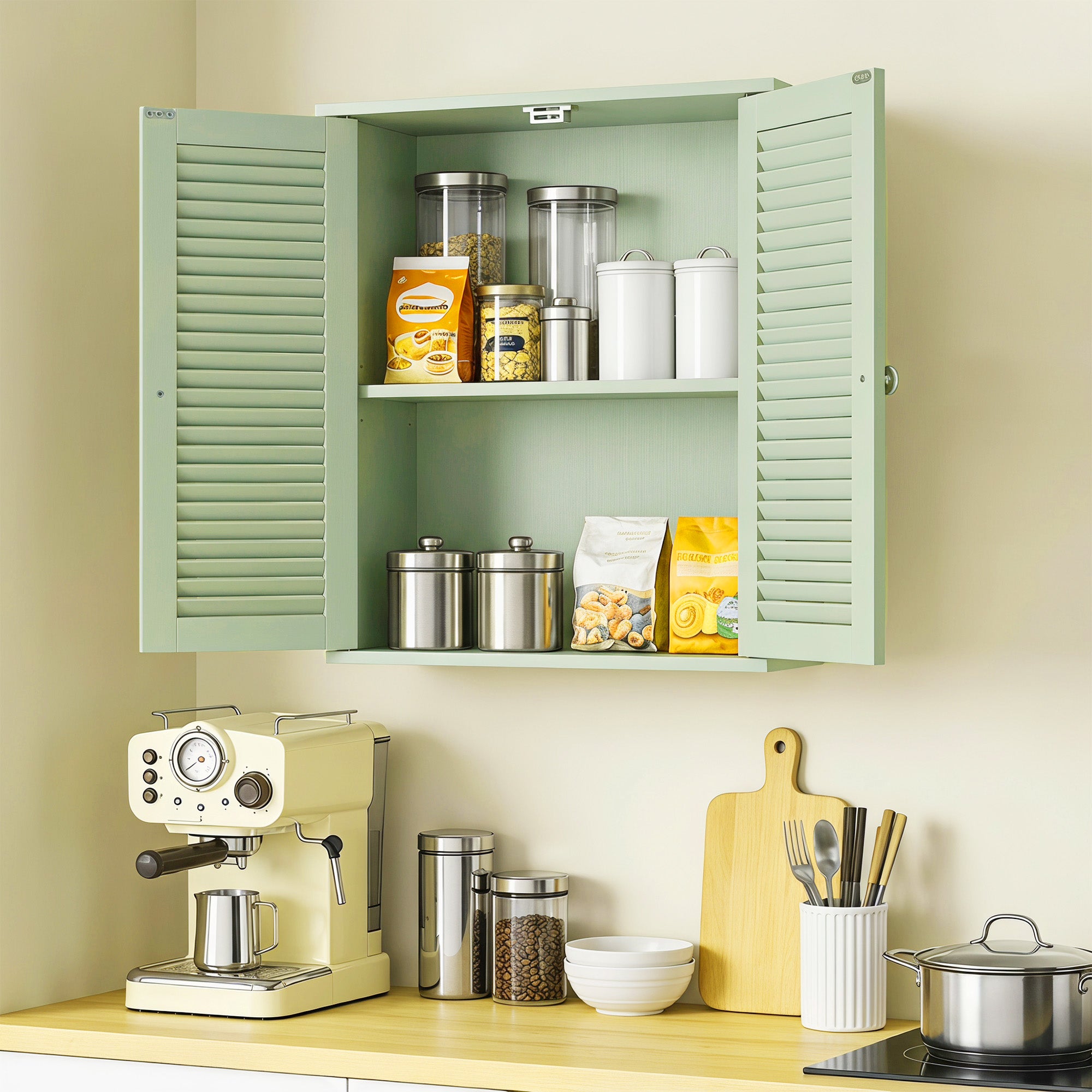 HOMCOM Bathroom Cabinet, Bathroom Wall Cabinet with Louvered Doors and Adjustable Shelf Storage for Kitchen, Light Green