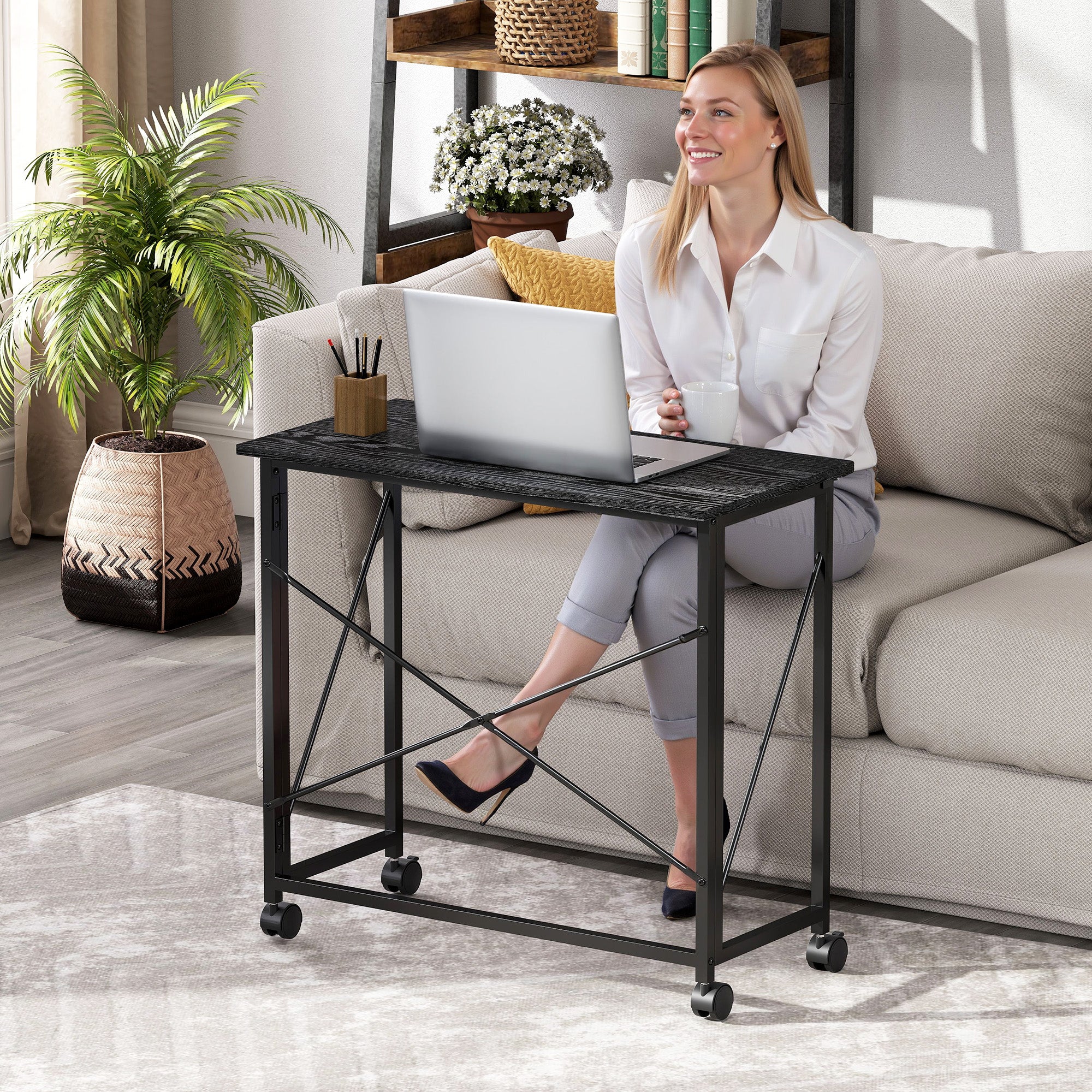 HOMCOM 80 cm Folding Desk on Wheels - Black - North Peak Garden Furniture