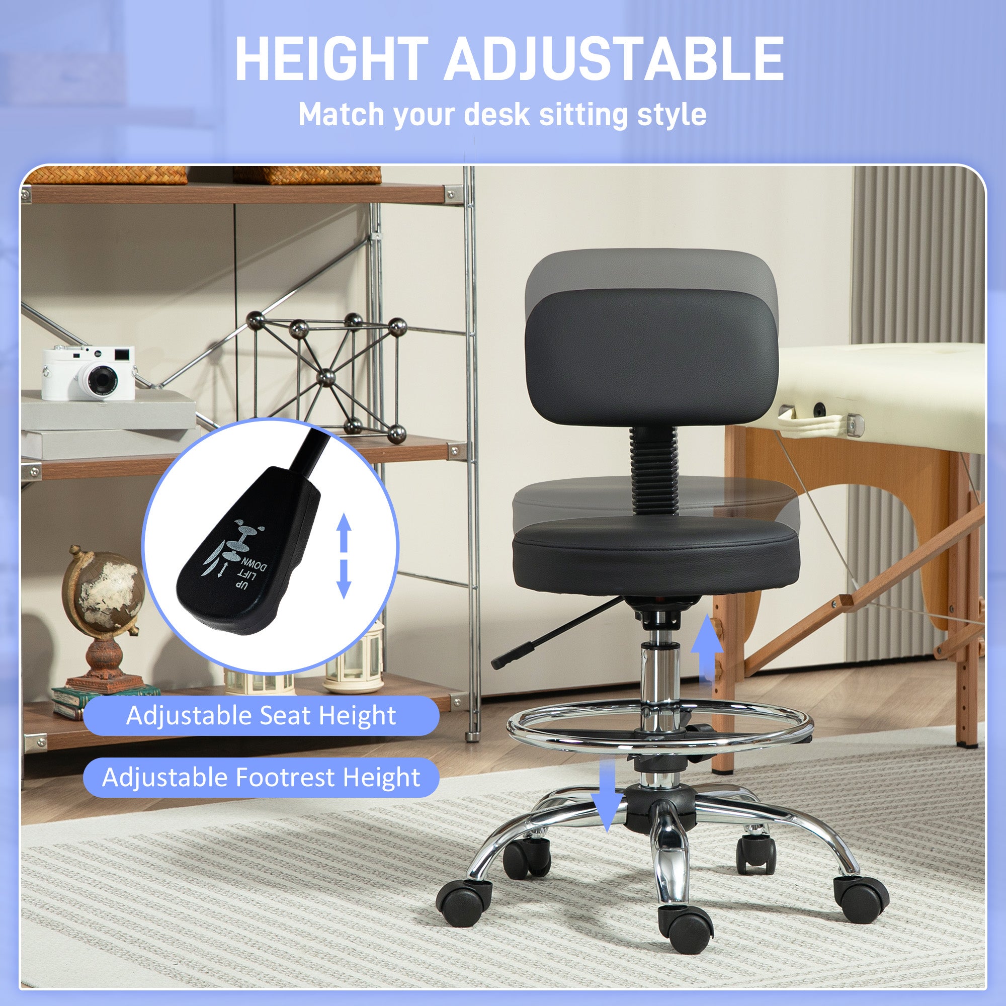 HOMCOM Draughtsman Chair, Faux Leather Height Adjustable Stool with Footrest, 360° Swivel Chair for Study and Bedroom, Black - North Peak Garden Furniture
