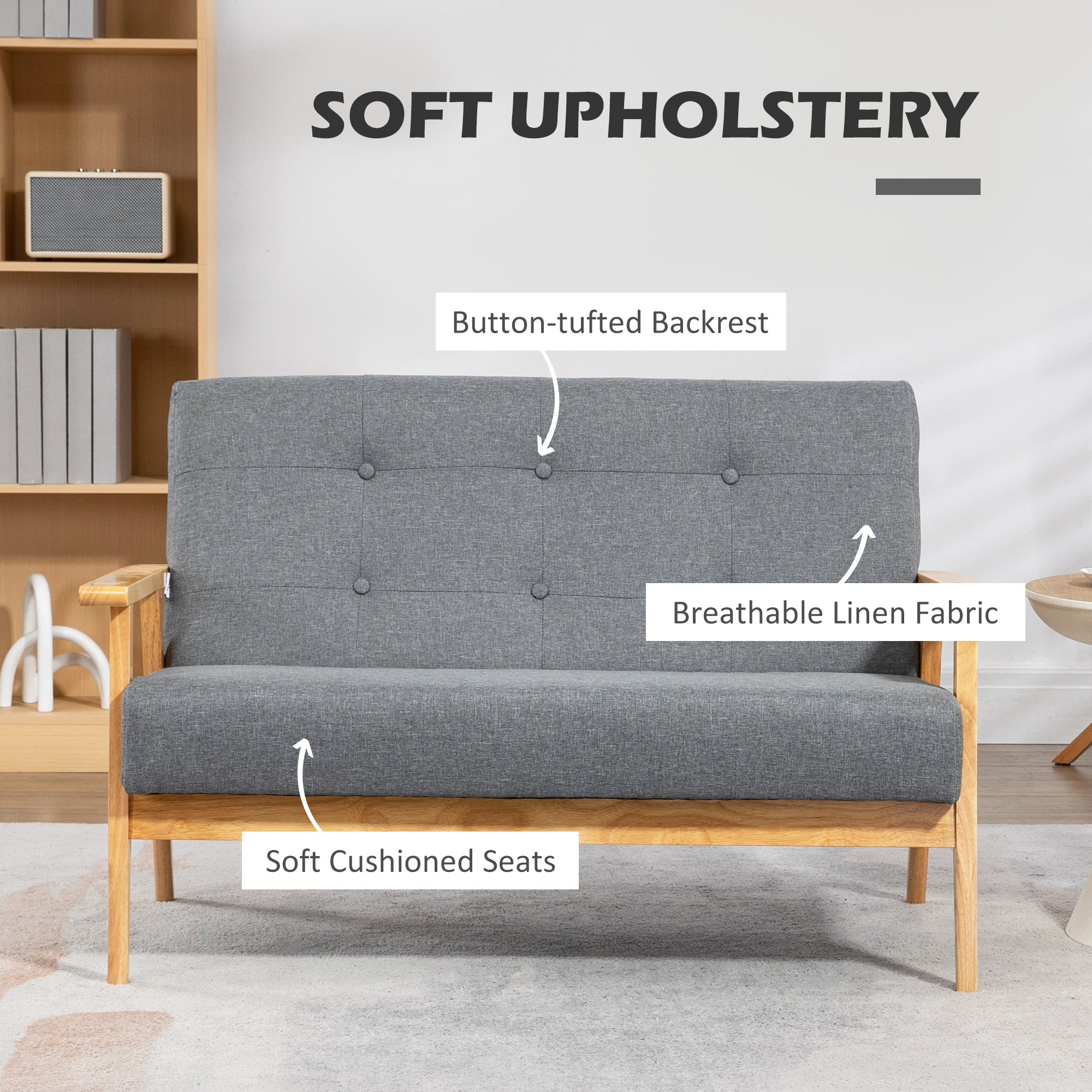 HOMCOM Modern 2 Seater Sofa Linen Fabric Upholstery Tufted Couch with Rubberwood Legs Dark Grey - North Peak Garden Furniture