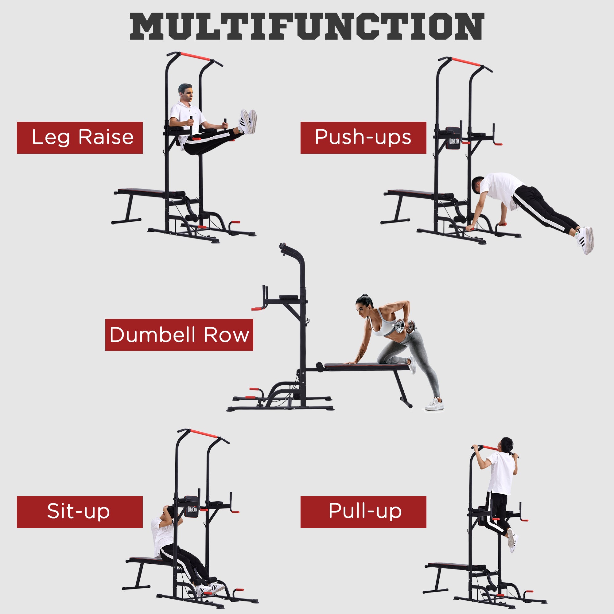 HOMCOM Multifunction Power Tower Home Workout Dip Station w/ Sit-up Bench Push-up Bars and Tension Ropes Fitness Equipment Office Gym Training - North Peak Garden Furniture
