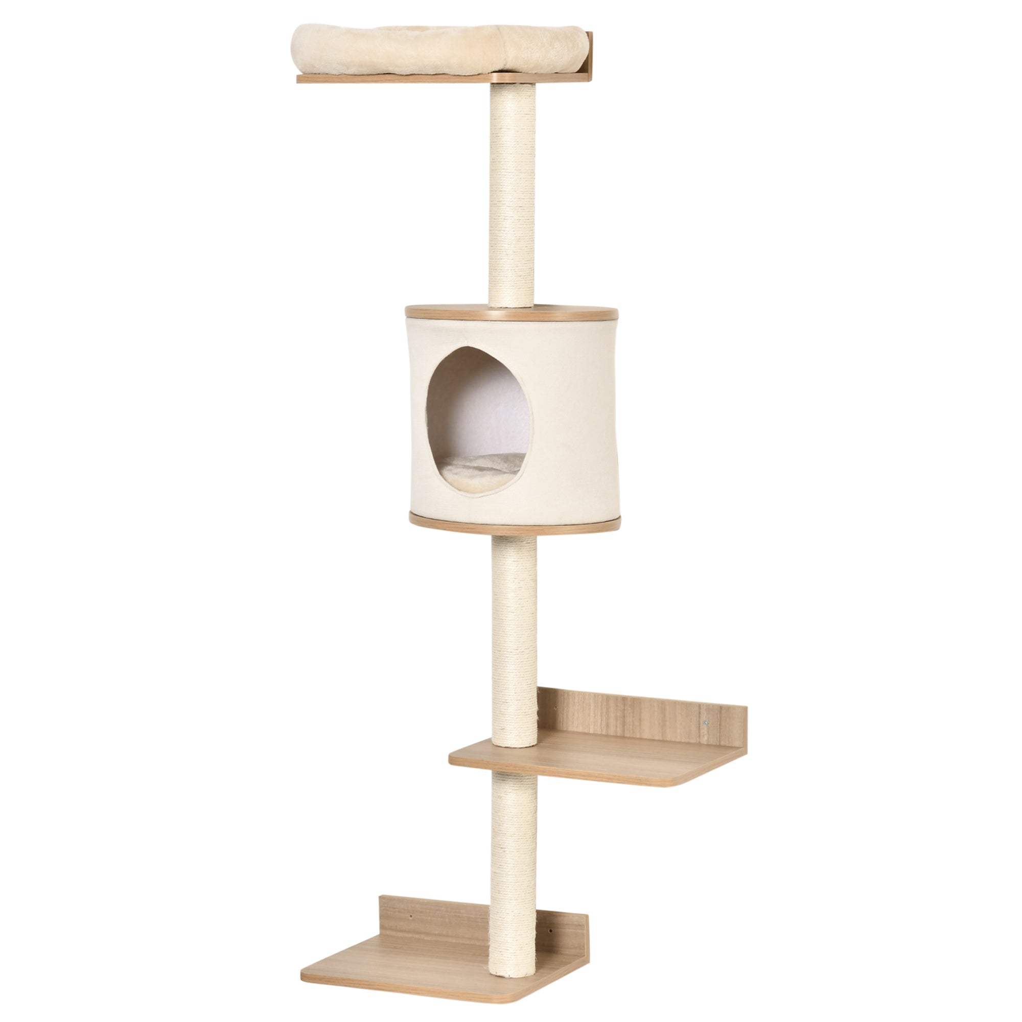 PawHut Wall-Mounted Cat Tree, with Cat House, Bed, Scratching Post - Beige - North Peak Garden Furniture