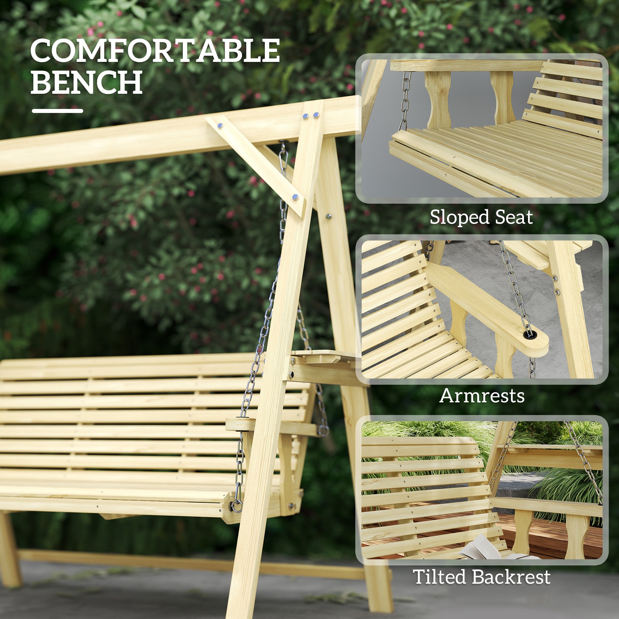 Outsunny Three-Seater Wooden Swing Bench