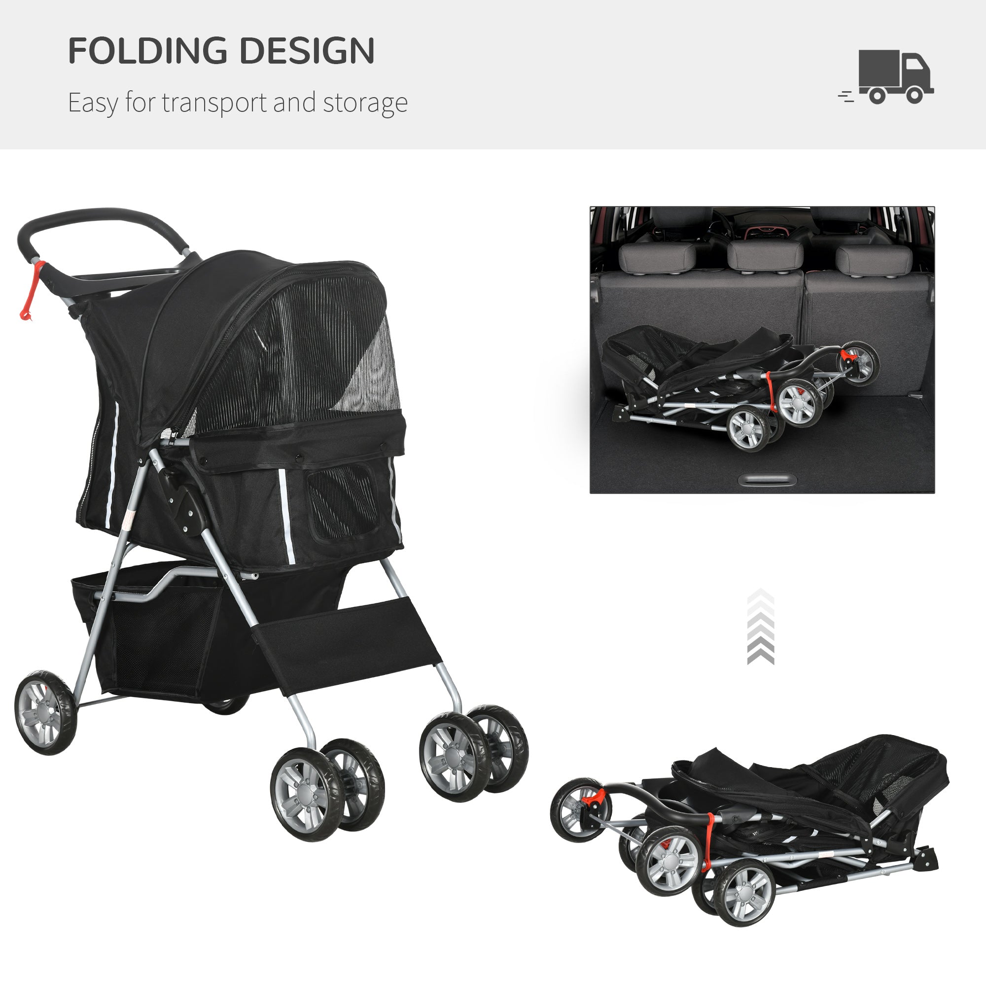 PawHut Pet Travel Stroller with Rain Cover, 4 Wheels Foldable Travel Carriage with Wheels Zipper Entry Cup Holder Storage Basket Black - North Peak Garden Furniture
