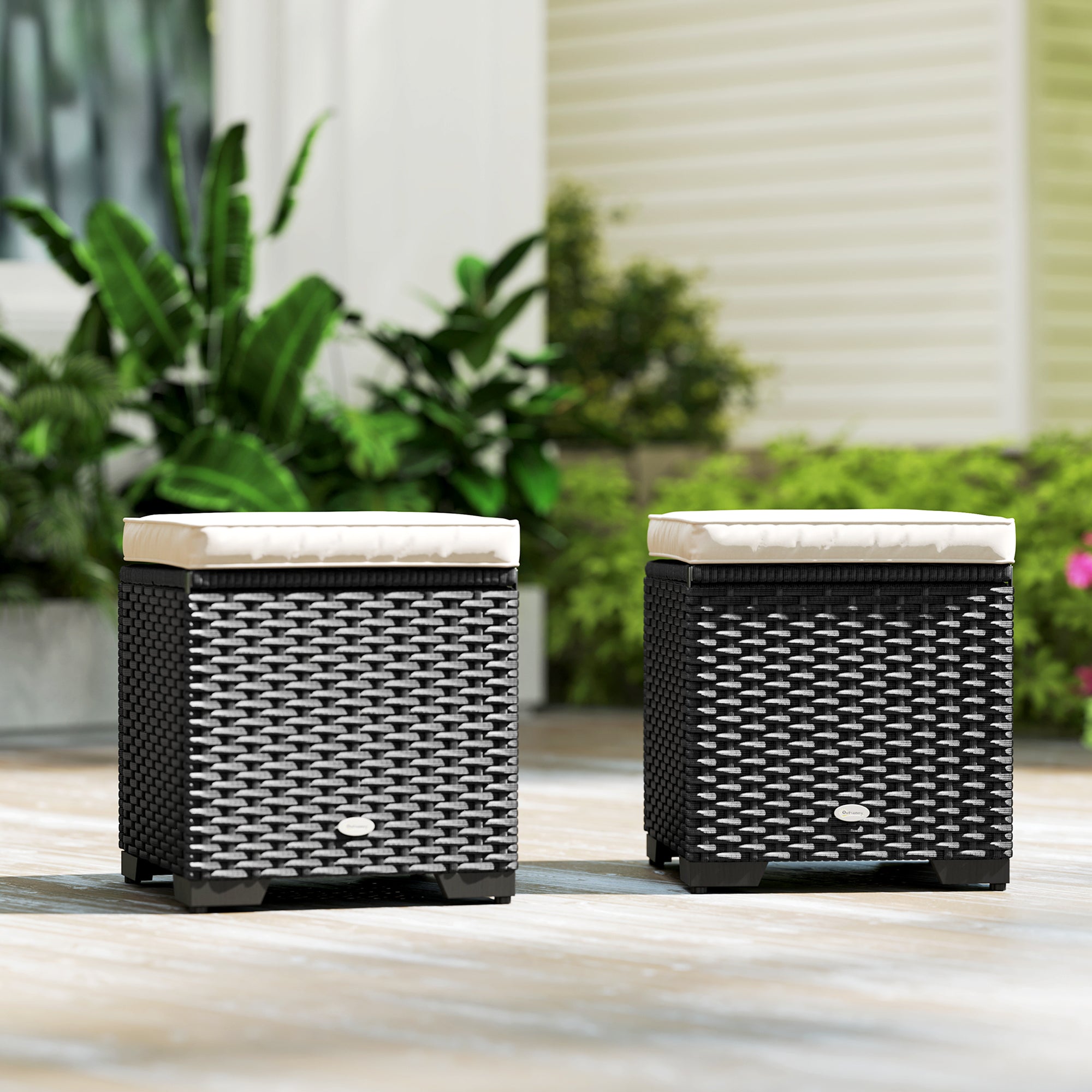 Outsunny Set of 2 Rattan Storage Ottoman, Outdoor Footstool with Removable Cushions, Garden Storage Seat for Balcony, Poolside, Living Room, Cream - North Peak Garden Furniture