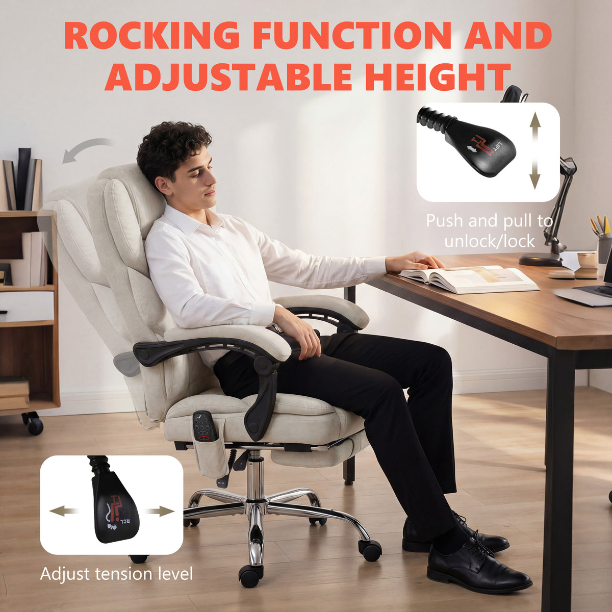 HOMCOM Office Chair with 6-point Vibration Massage and Heat, Fabric Desk Chair with Footrest, High Back, Cream White