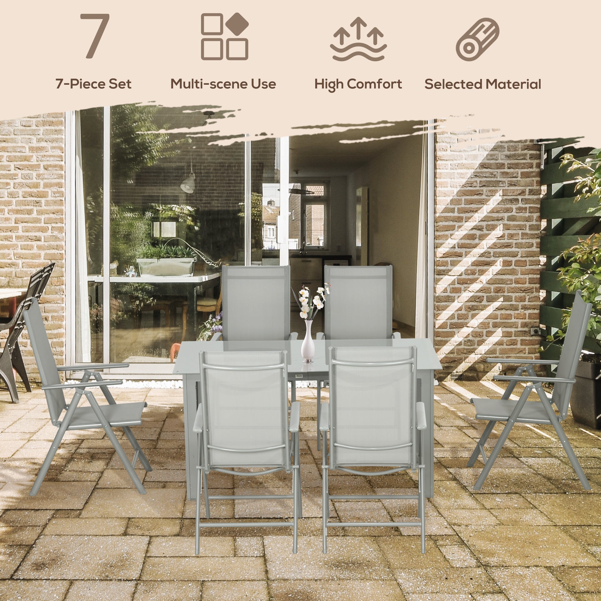 Outsunny 7 Piece Garden Dining Set, Outdoor Table and 6 Folding and Reclining Chairs, Aluminium Frame, Tempered Glass Top Table, Texteline Seats, Grey - North Peak Garden Furniture