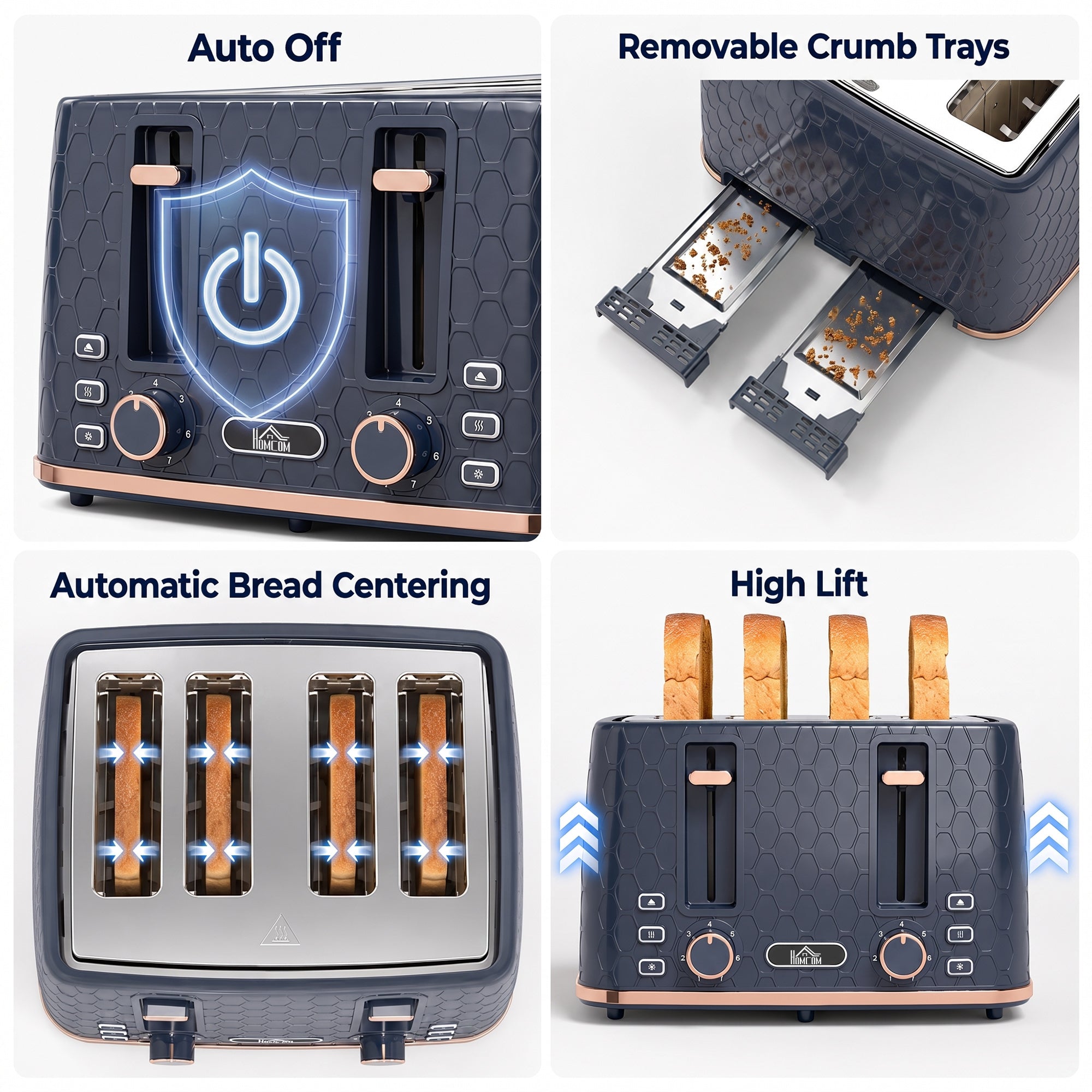 HOMCOM Toaster 4 slice, Toaster with 7 Browning Levels, High Lift, Reheat/Defrost/Cancel, Self-centring Function, Dark Blue