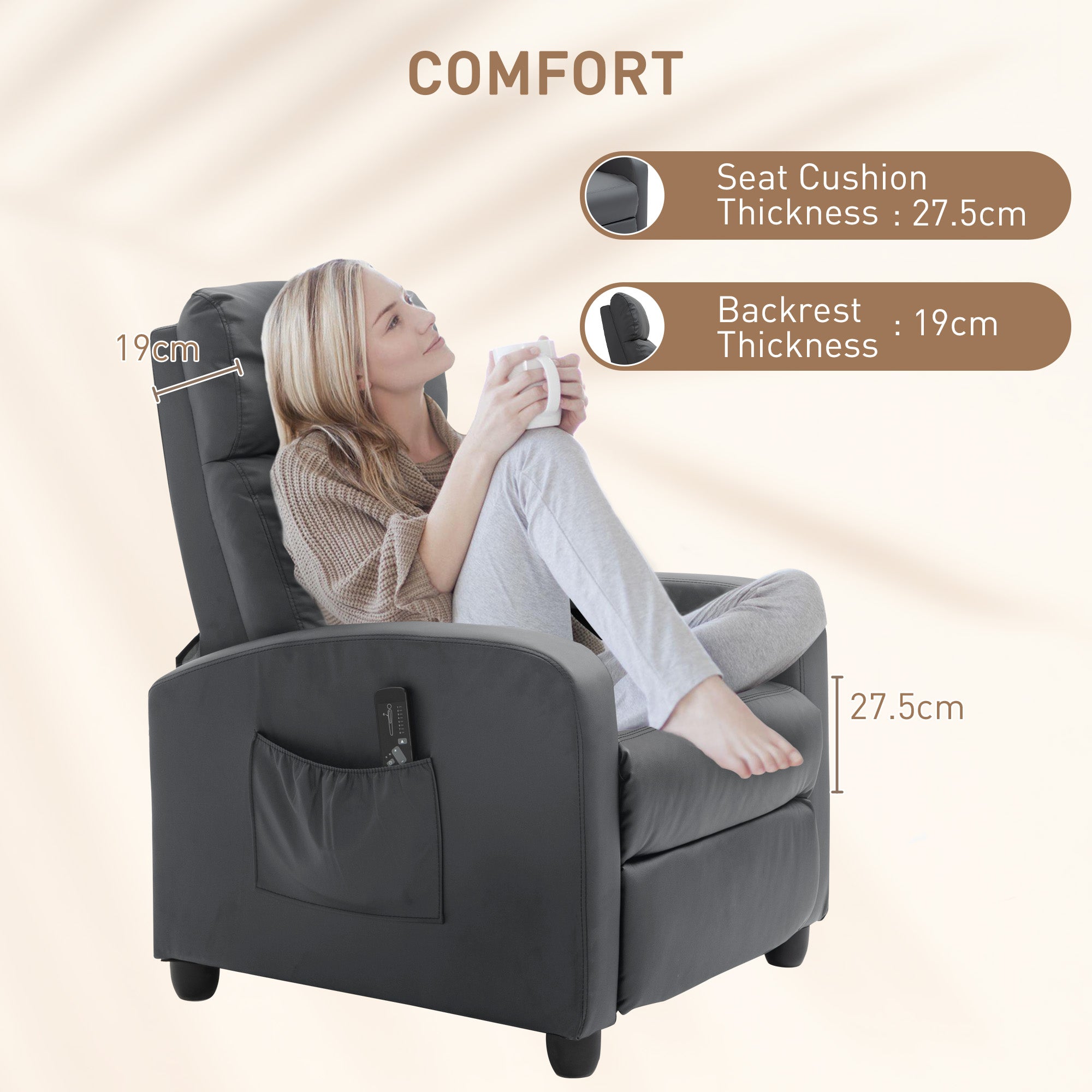 HOMCOM Recliner Armchair, Massage Faux Leather Push Back Reclining Chair with Adjustable Leg Rest, Side Pocket, for Home Living Room Theatre, Grey - North Peak Garden Furniture
