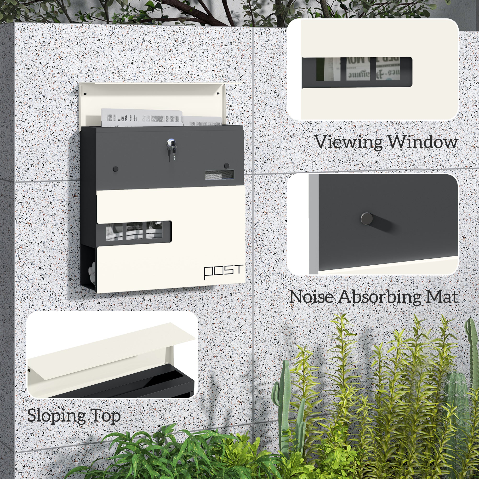 HOMCOM Locking Galvanised Steel Letterbox - White/Black - North Peak Garden Furniture