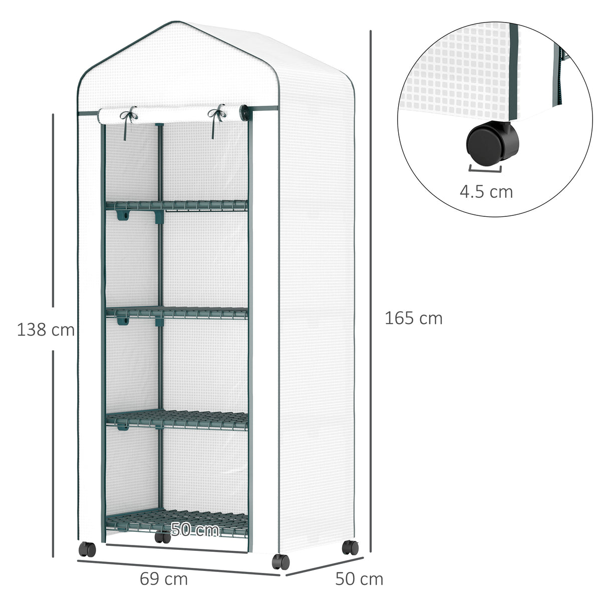 Outsunny 4 Tier Mini Portable Greenhouse Compact Plant Grow Shed Metal Frame PE Cover with Lockable Rolling Wheels, White