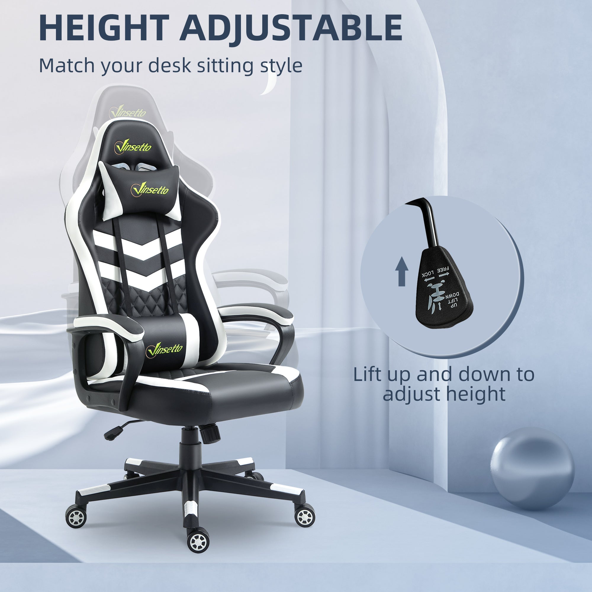 Vinsetto Gaming Chair, Computer Desk Chair with Lumbar Support, Faux Leather Racing Chair with Headrest and Swivel Wheels for Home Office, Black White - North Peak Garden Furniture