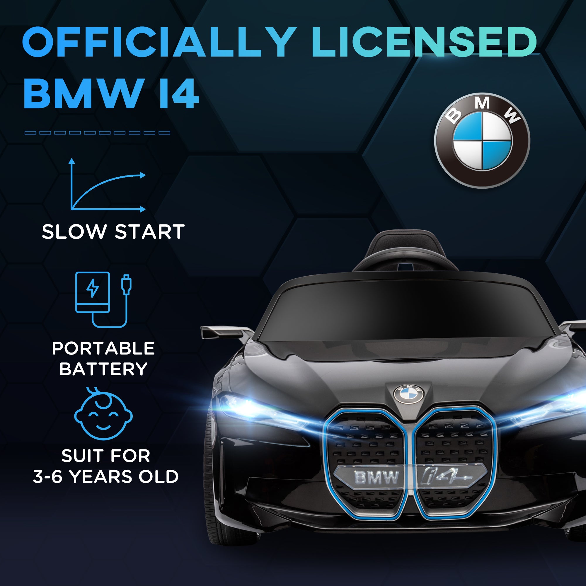 HOMCOM BMW i4 Licensed 12V Kids Electric Ride-On Car, with Remote Control, Portable Battery, Music, Horn, Headlights - Black - North Peak Garden Furniture