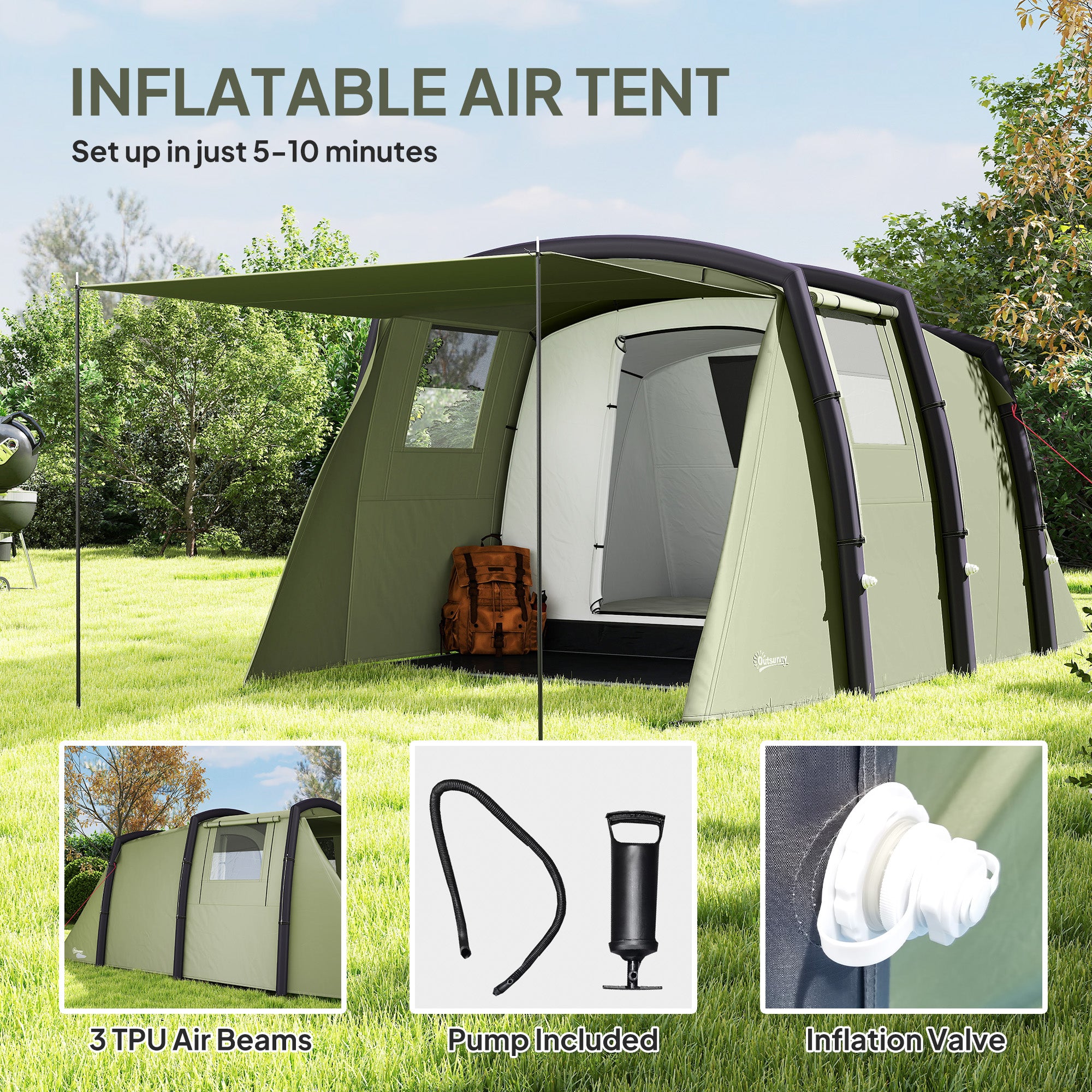 Outsunny Inflatable 3-4 Man Tunnel Tent w/ Air Pump, Living Area & Vestibule, Waterproof Family Camping Air Tent w/ Sewn In Groundsheet & Removable Footprint for Camping, Hiking, Olive Green - North Peak Garden Furniture