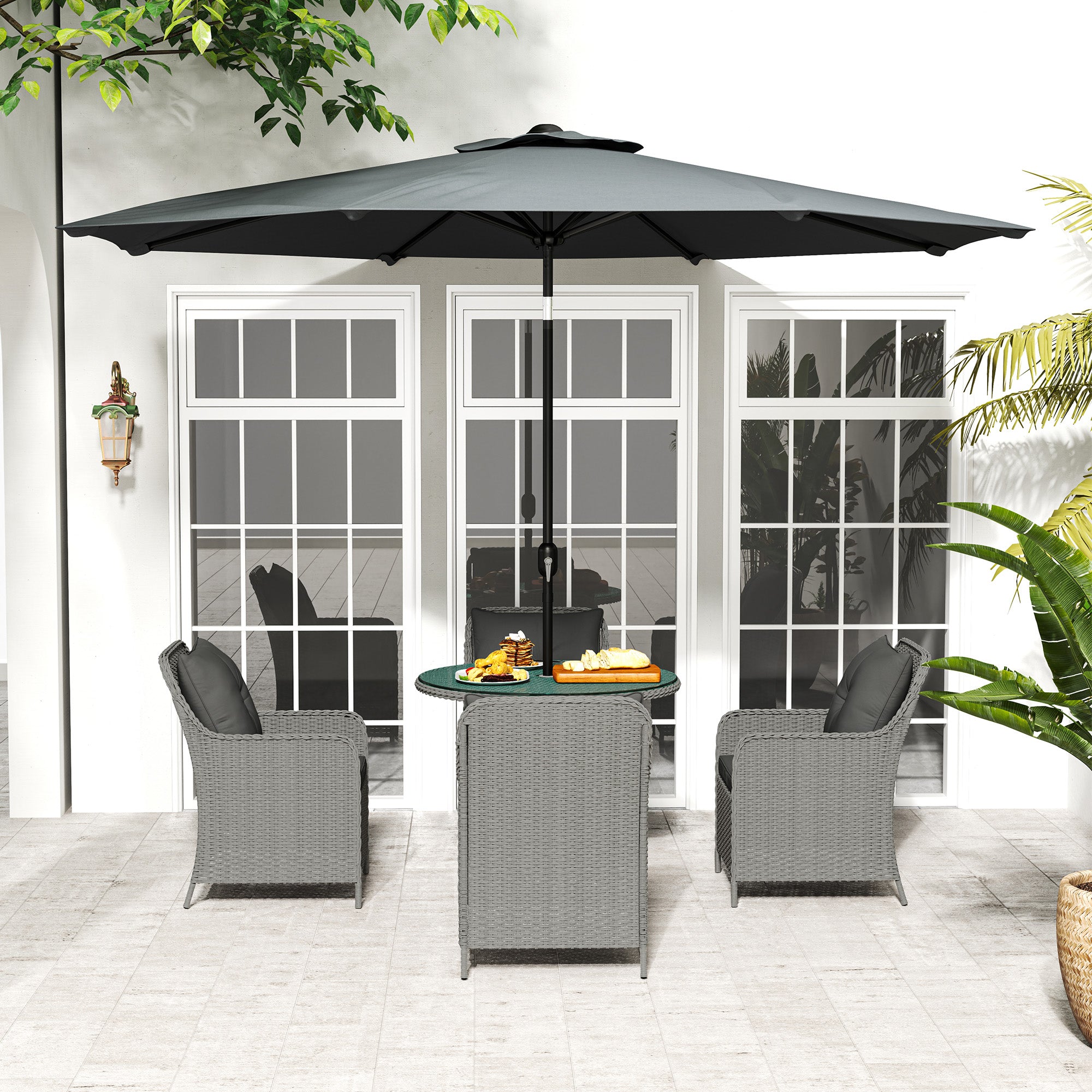 Outsunny 4 Seater Rattan Dining Set with Parasol & Cushions - Light Grey - North Peak Garden Furniture