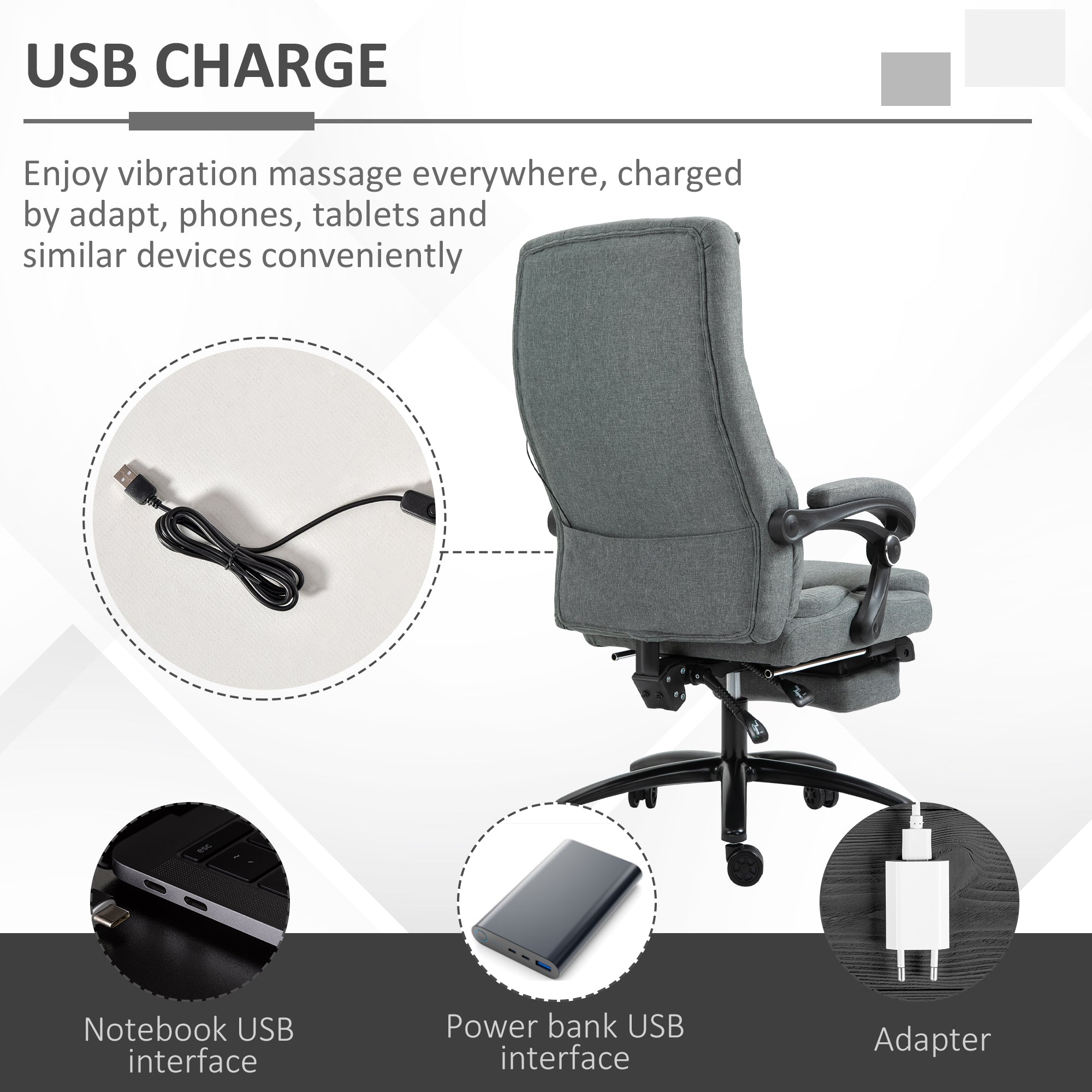 Vinsetto Office Chair, Fabric Desk Chair with Adjustable Massage Pillow, USB Power and Retractable Footrest, High Back, 360° Swivel, for Home, Grey - North Peak Garden Furniture