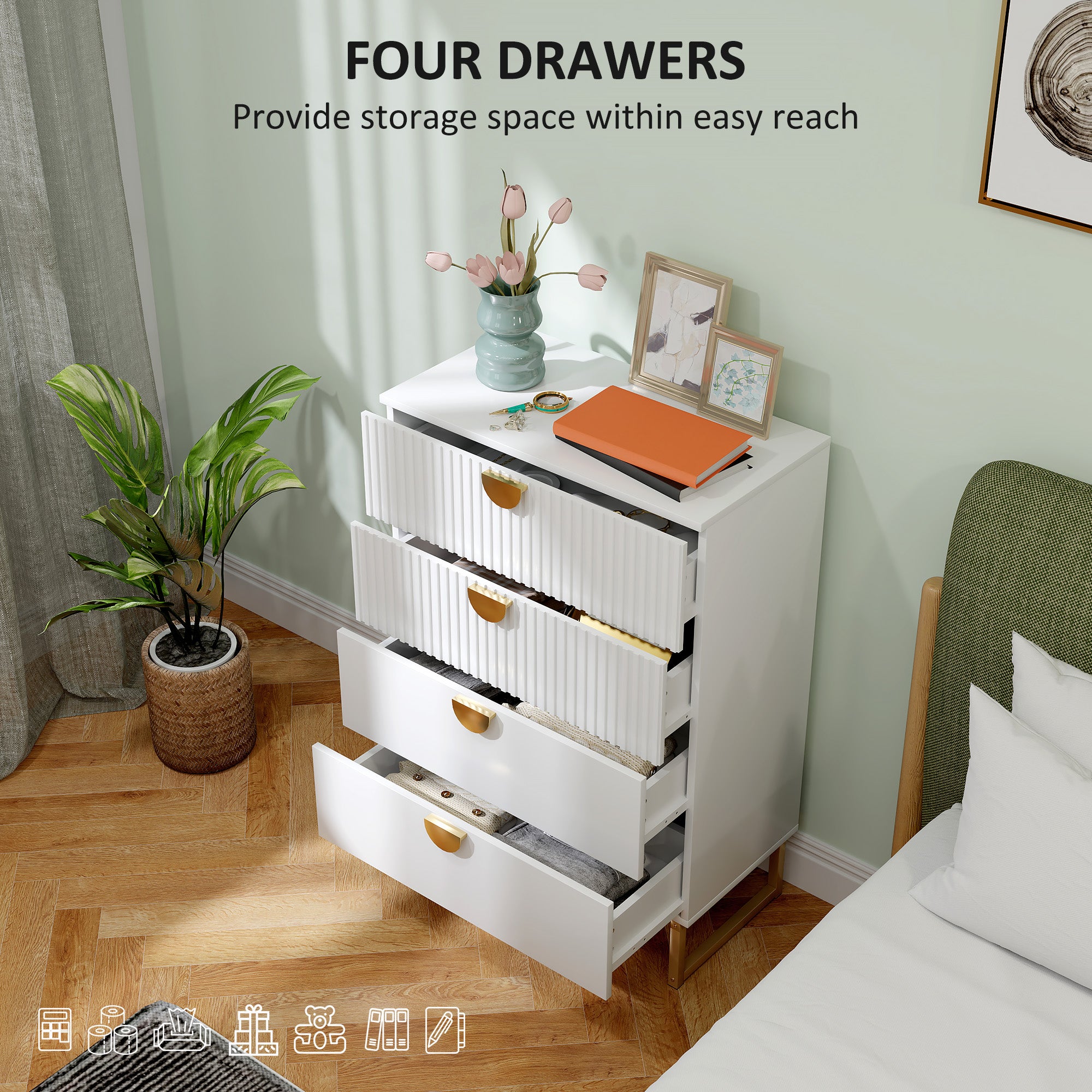 HOMCOM Elegant Chest of Four Drawers - White - North Peak Garden Furniture