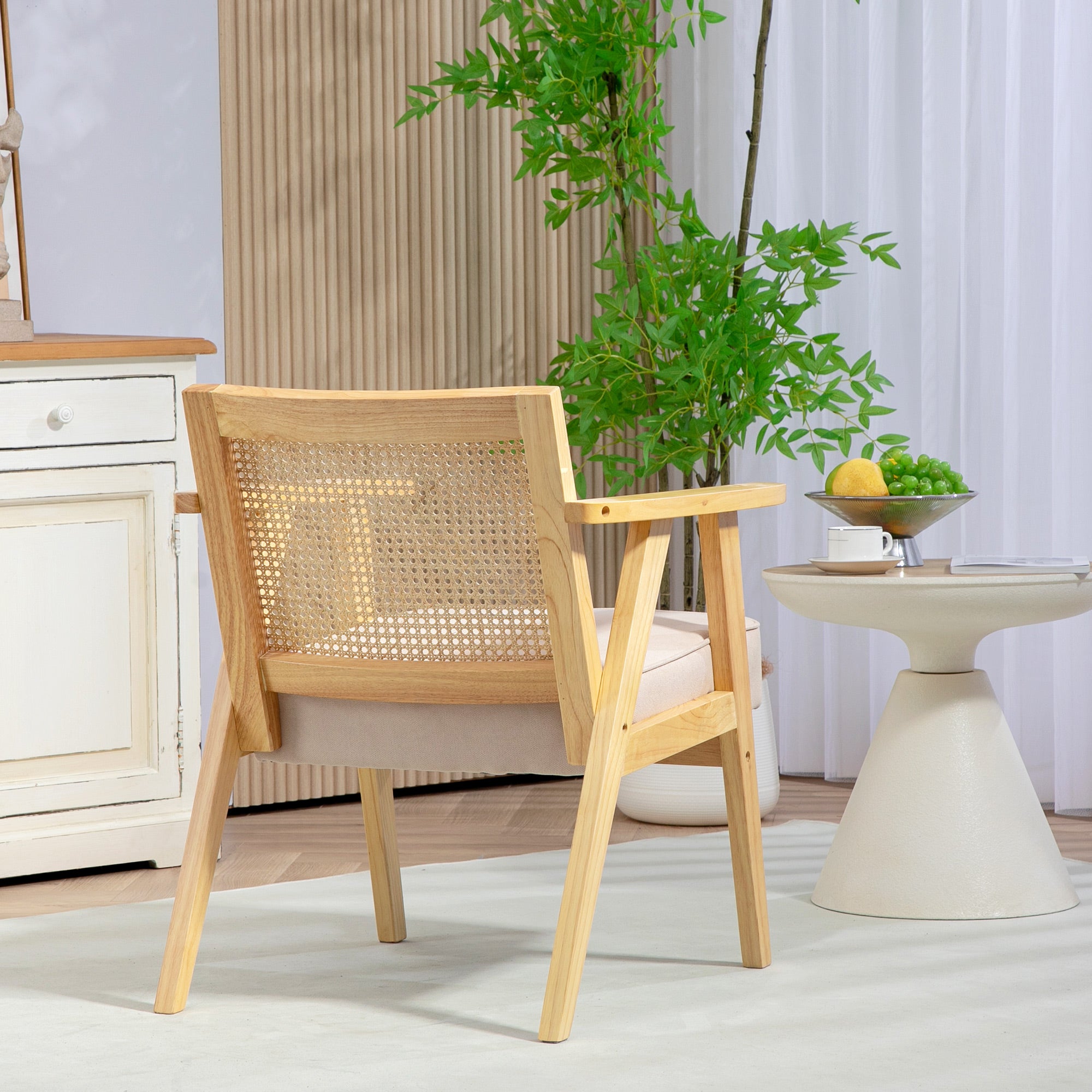 HOMCOM Wooden Rattan Weave Panel Accent Chair - Natural Finish - North Peak Garden Furniture